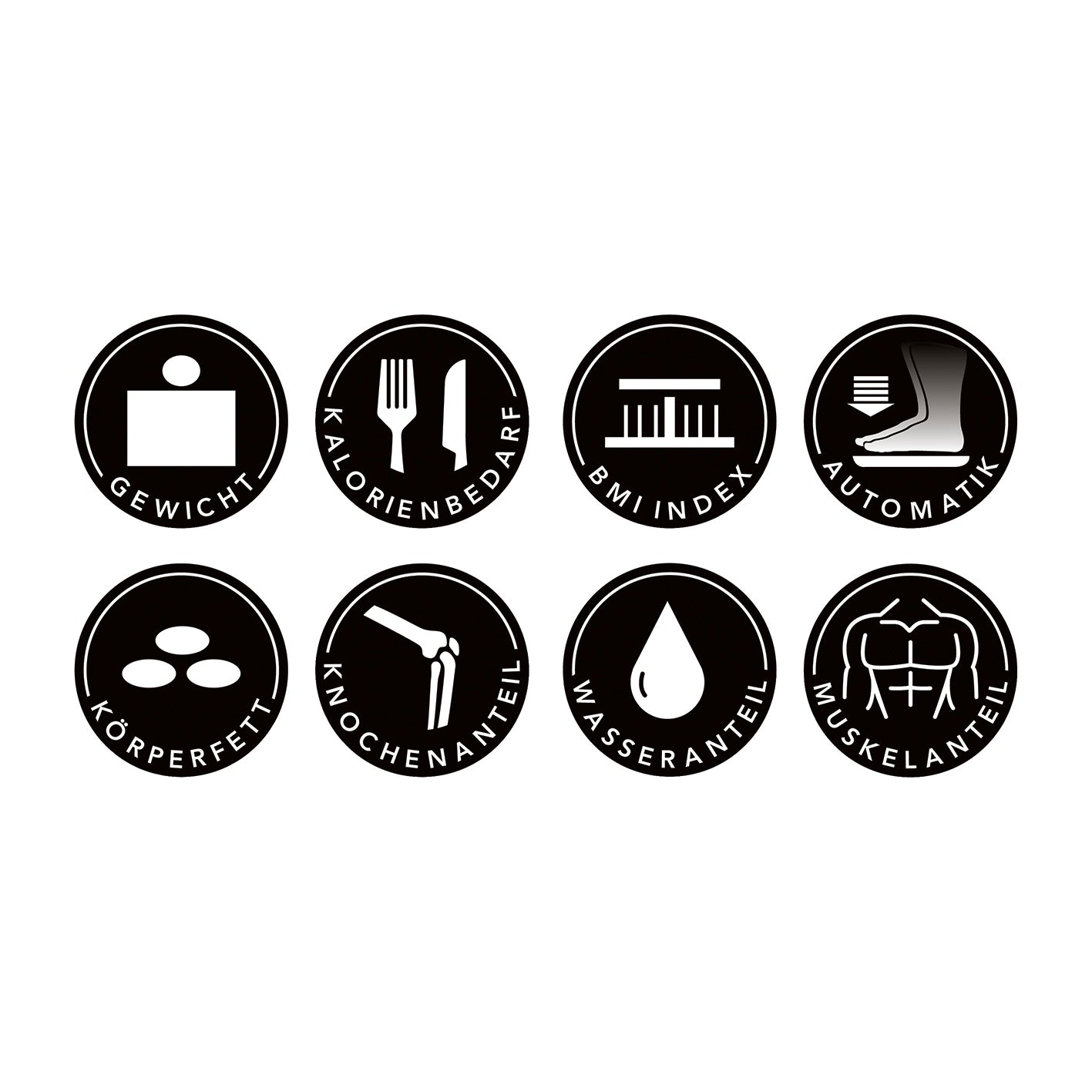 Personen-Waage Körperanalyse mit Bluetooth & App grau zeigt Icons für Gewicht, Kalorienbedarf, BMI, Automatik, Körperfett, Knochen- und Wasseranteil, Muskelanteil.