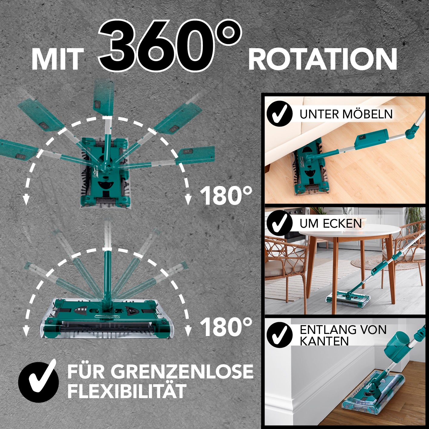 Akku-Besen Swivel Sweeper G2 + Ersatz-Akku, kabellos, 360° Rotation, leicht, rückenschonend, praktisch für Möbel, Ecken und Kanten.