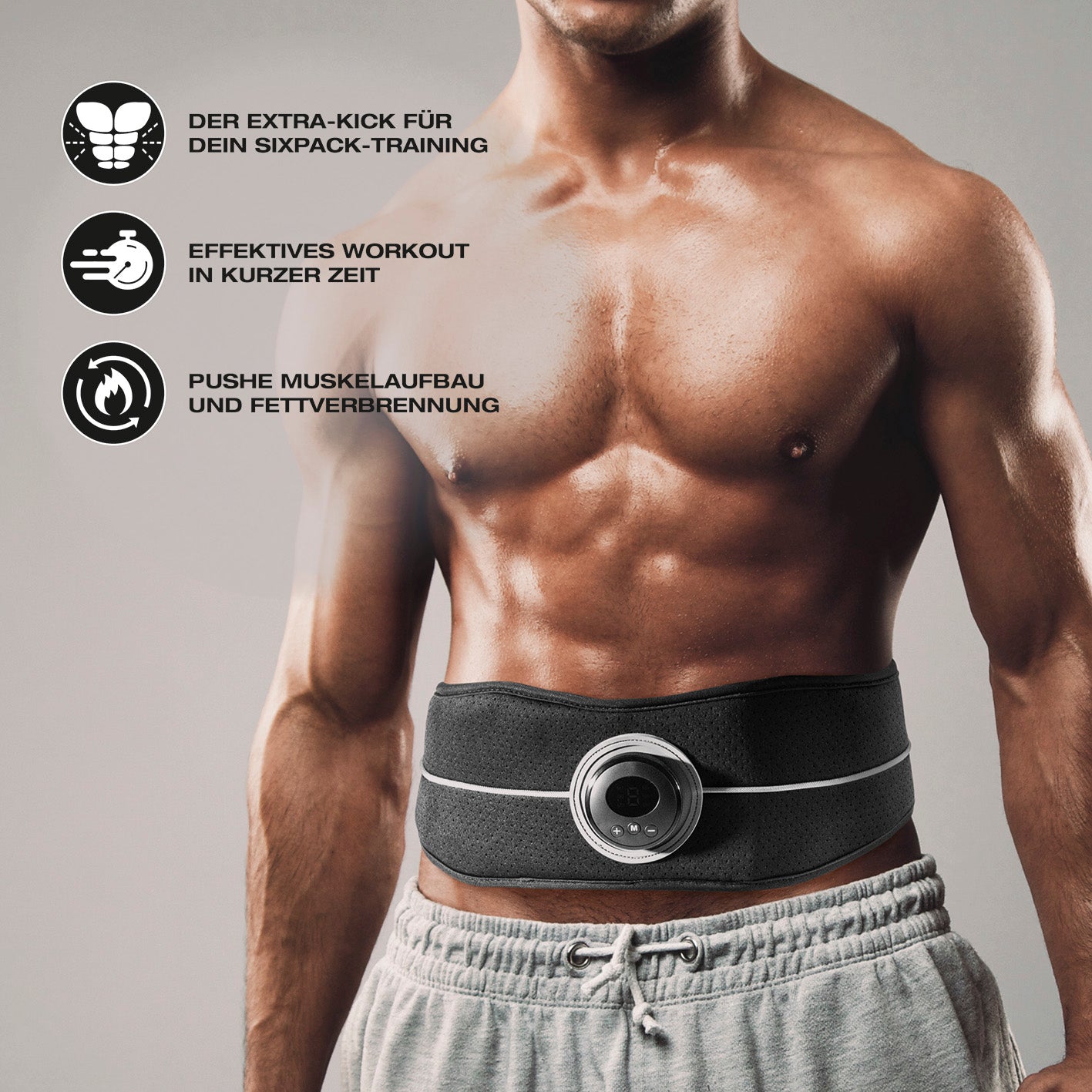 EMS Bauchmuskelgürtel- Trainieren mit Elektronischer Muskelstimulation in schwarz für effektives Sixpack-Workout und Muskelaufbau.
