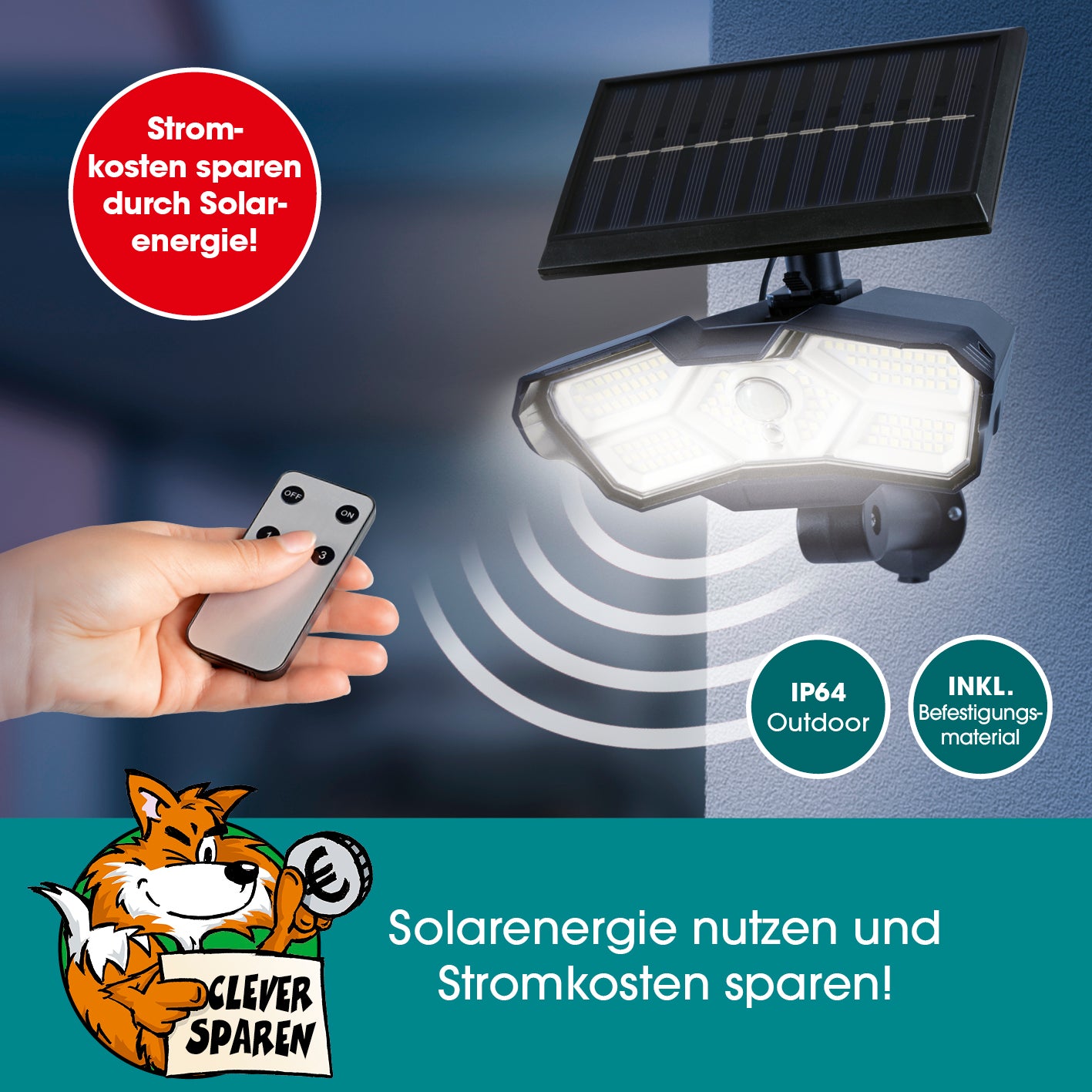 LED-Solarstrahler mit Bewegungsmelder, solarbetrieben, inkl. Fernbedienung, wetterfest IP64, ideal für Garten, Garage und Terrasse.