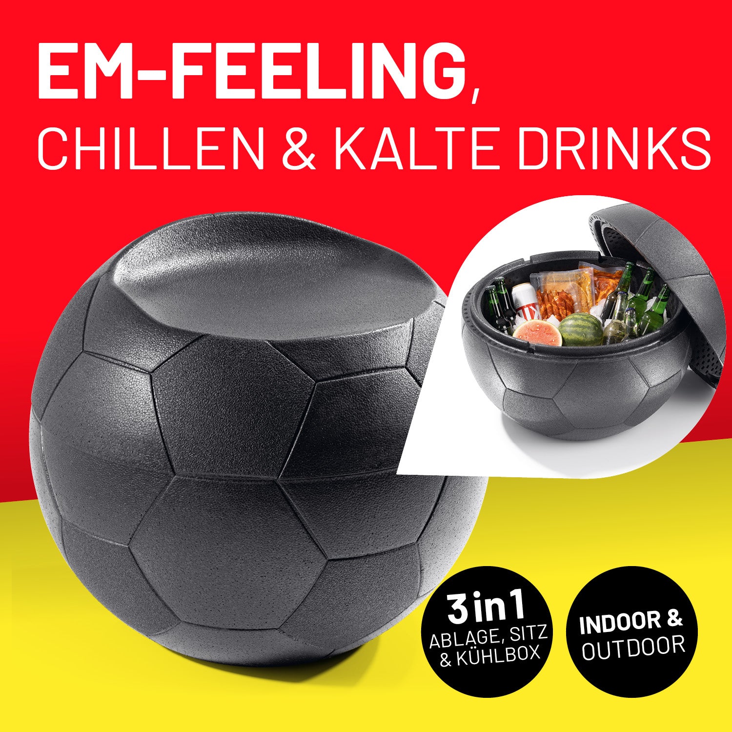 EM 2024 Fußball-Sitz-Kühlbox 41 L – 3in1 Sitzgelegenheit, Beistelltisch und Kühlbox im wetterbeständigen Fußball-Design, 41 Liter Fassungsvermögen.