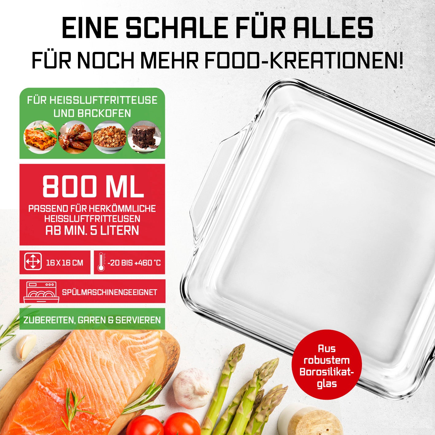 Glas-Auflaufform für Heißluftfritteuse & Backofen - 19 x 16 x 4,5 cm - 800 ml aus robustem Borosilikatglas, spülmaschinengeeignet.
