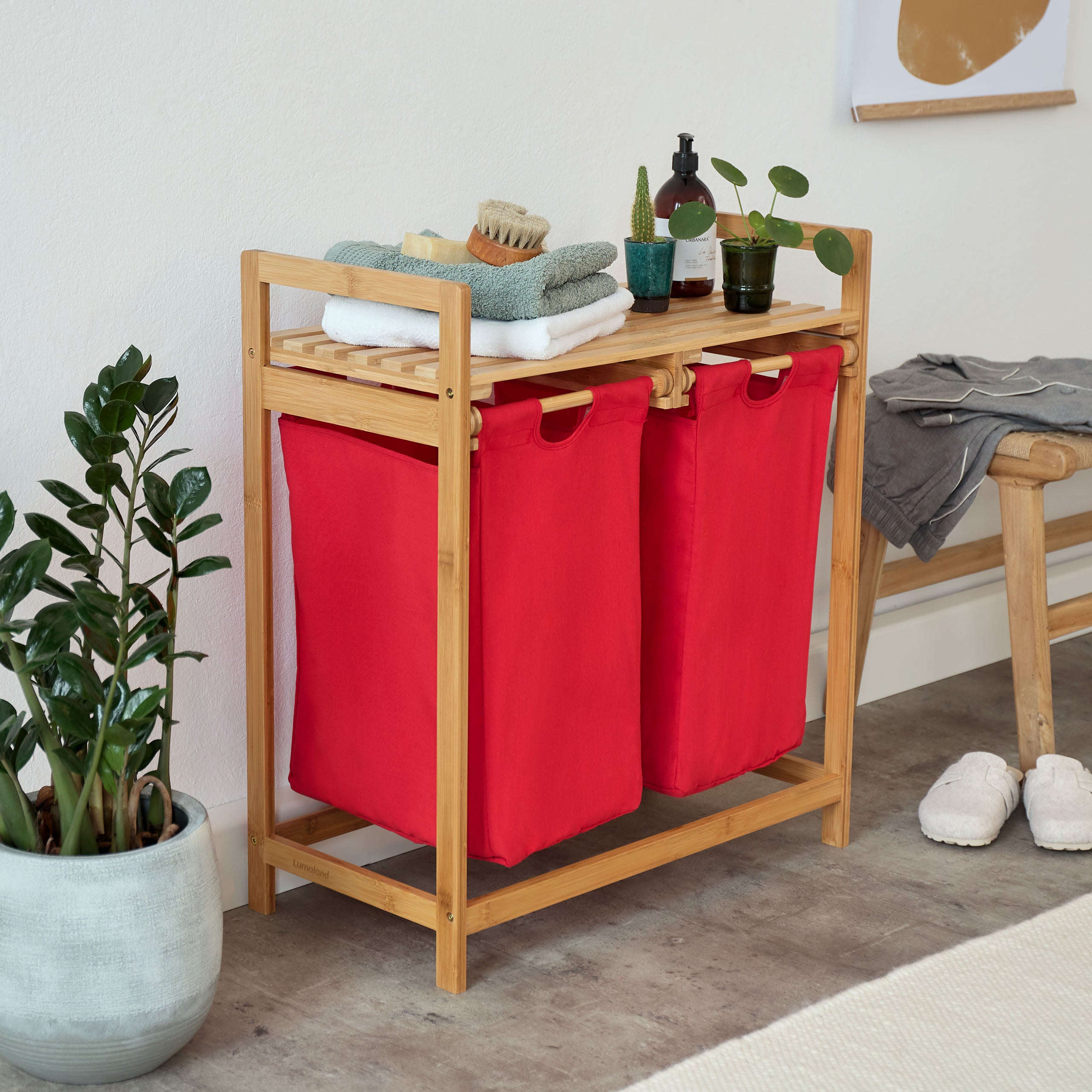 Bambus Wäschekorb mit 2 ausziehbaren Wäschesacken - 73 x 64 x 33 cm - Rot