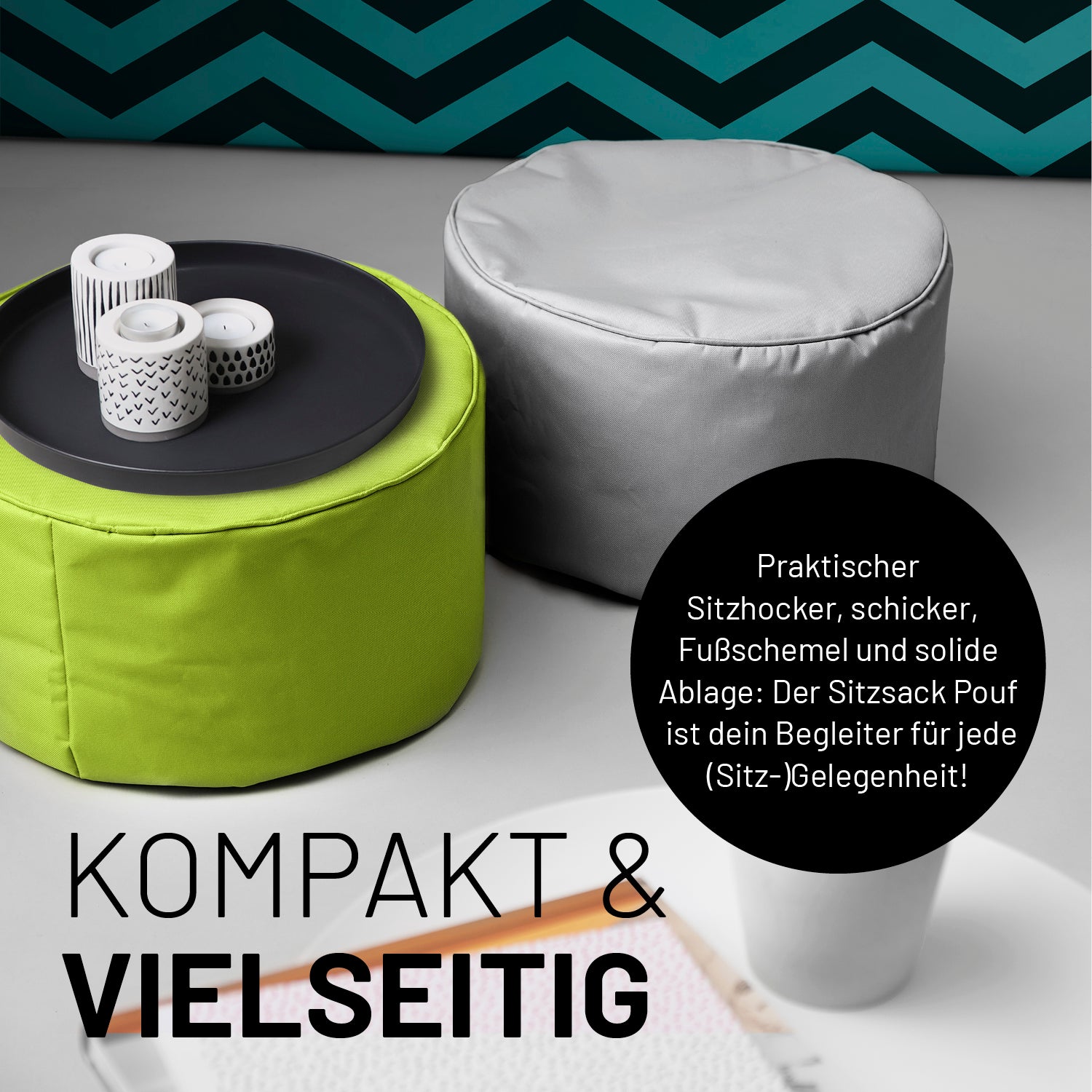 Sitzsack-Hocker/Pouf (50 L) in Grün und Grau, multifunktional für indoor & outdoor, langlebig und pflegeleicht.
