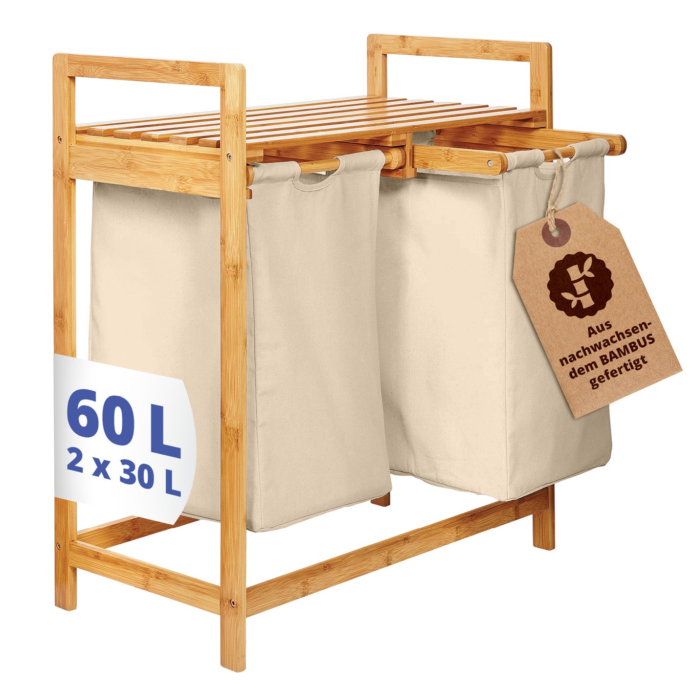 Bambus Wäschekorb mit 2 ausziehbaren Wäschesäcken, 73x64x33 cm, beige, wasserabweisend und umweltfreundlich aus Bambus.