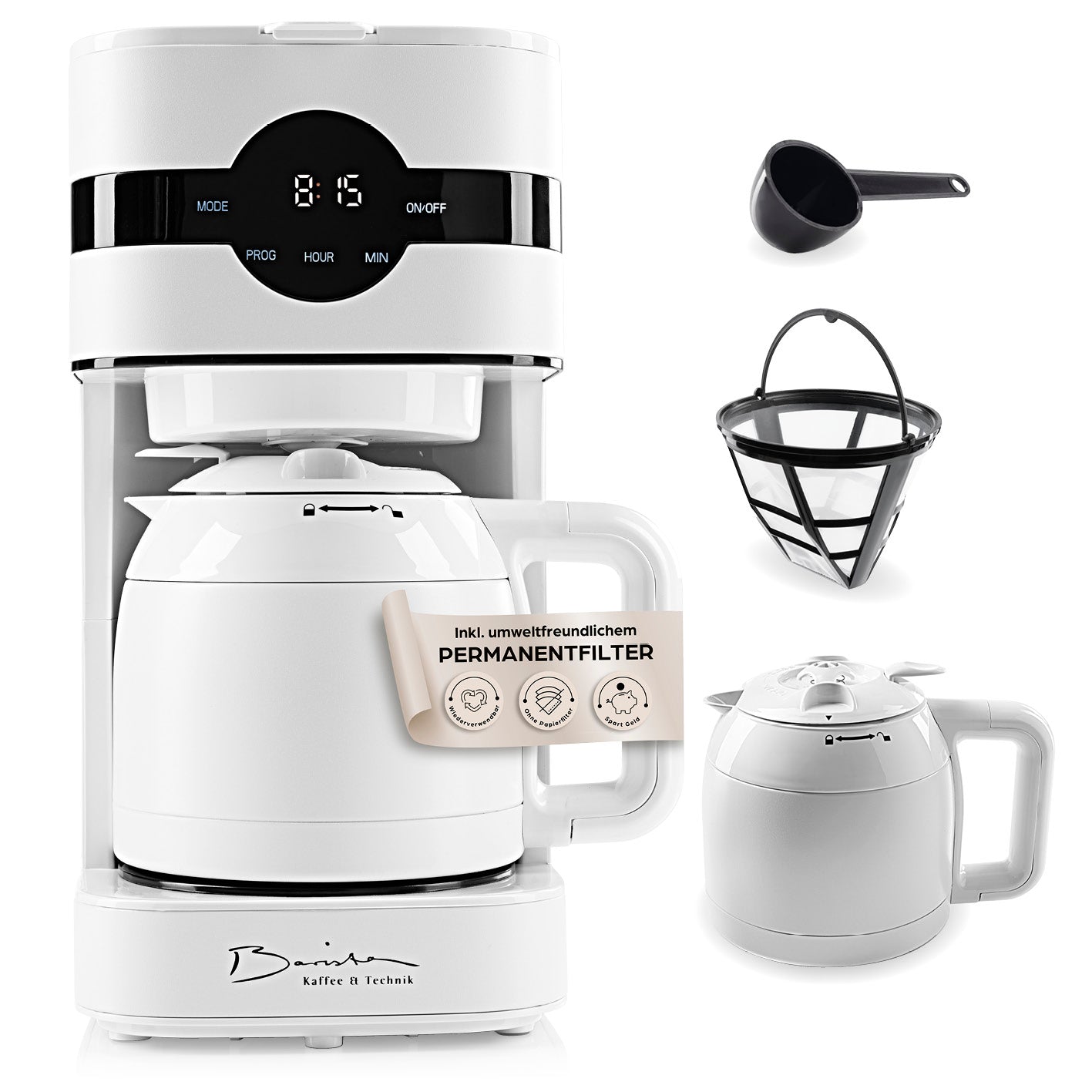 Filterkaffeemaschine Touch Iso - weiß mit Timer, LED-Touchdisplay, doppelwandiger Edelstahl-Isolierkanne und Permanentfilter.