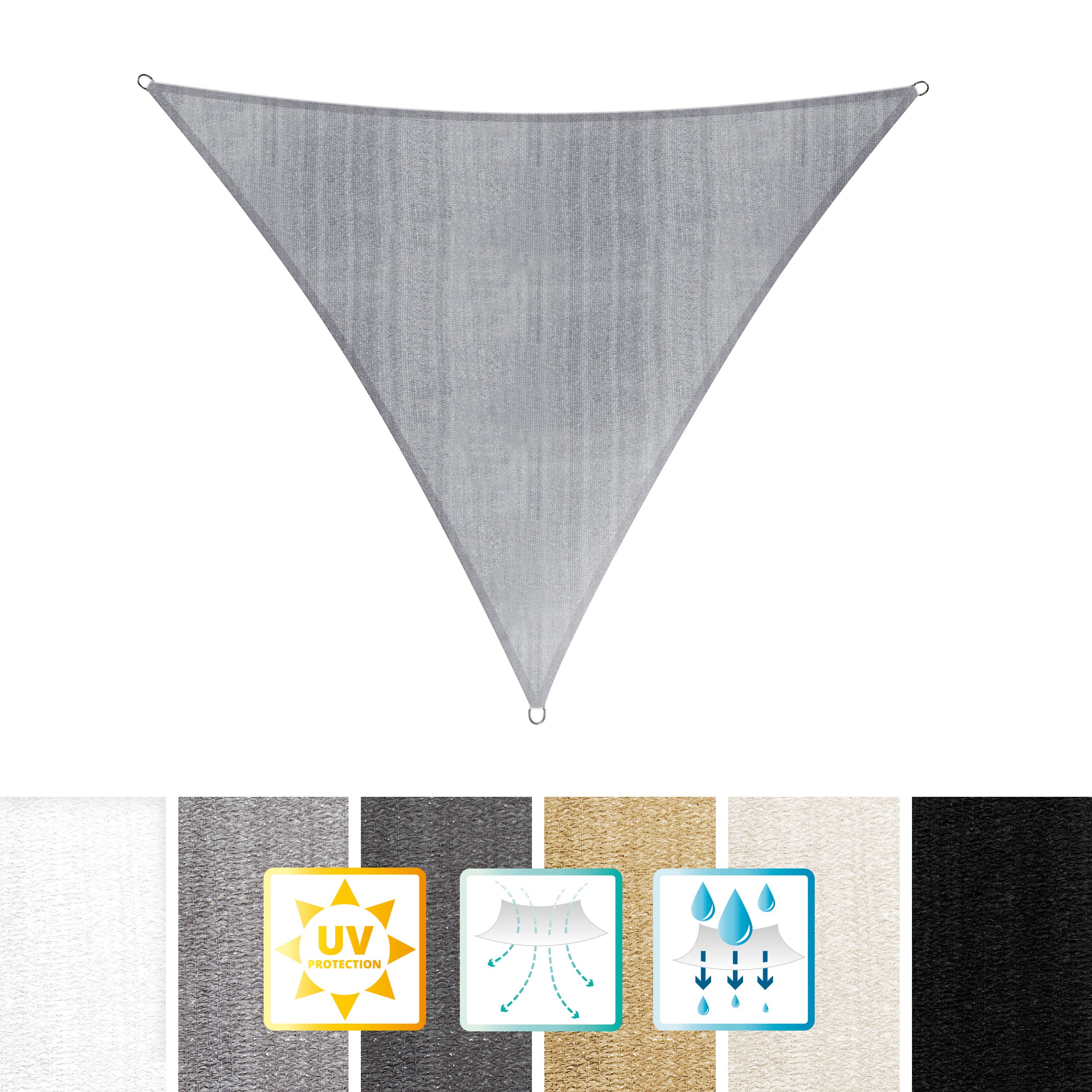 Sonnensegel 100% HDPE mit Stabilisator in Dreiecksform 5 x 5 x 5 Meter Hellgrau mit UV-Schutz und Montageringen.