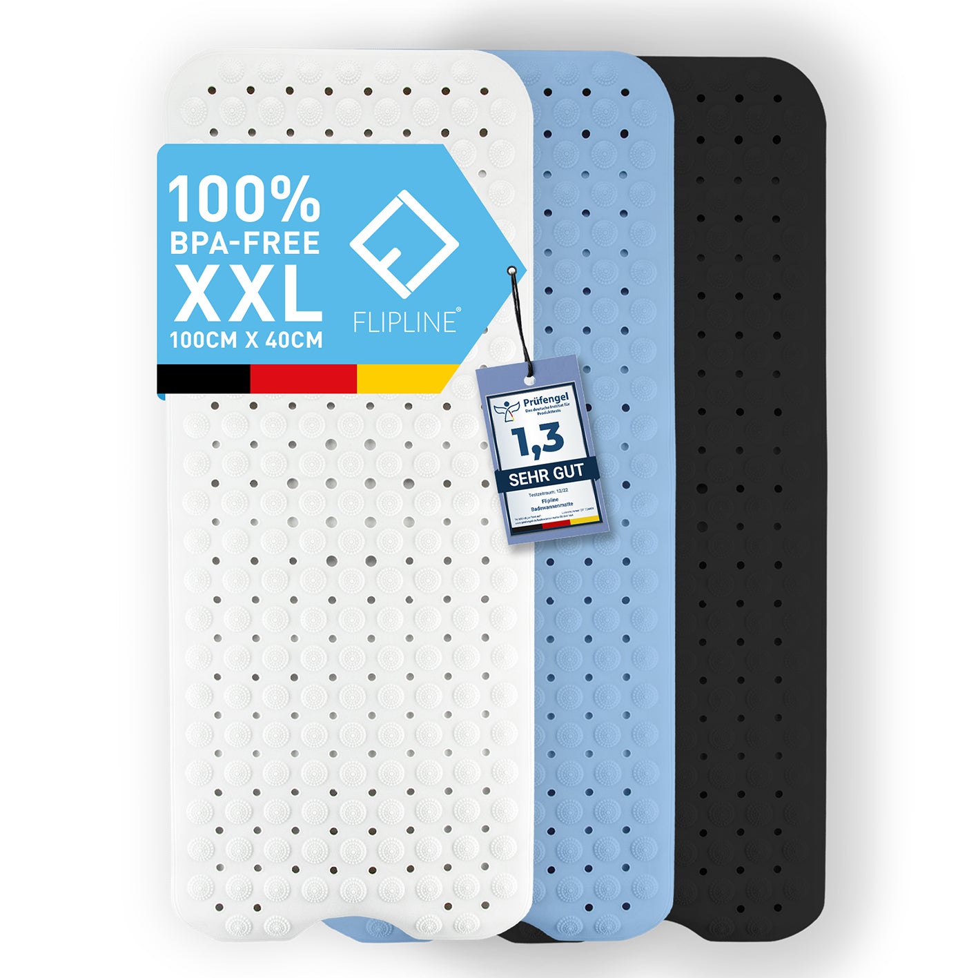 Badewannenmatte - Weiß - 100 x 40 cm, rutschfeste, BPA-freie XXL Wanneneinlage aus softem, kinderfreundlichem TPE mit Flex-Saugnoppen.