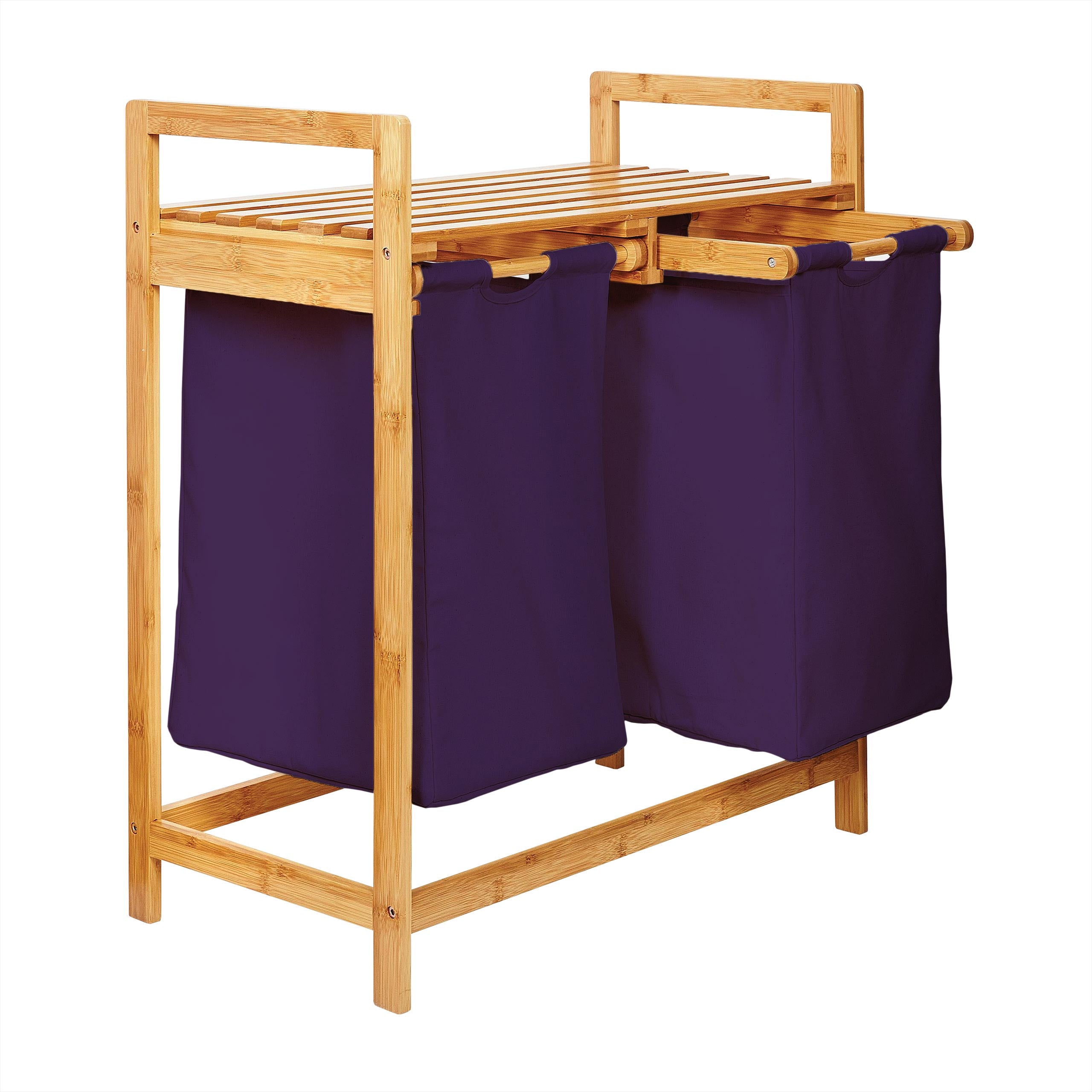 Bambus Wäschekorb mit 2 ausziehbaren lila Wäschesäcken, 73x64x33 cm, wasserabweisend, stilvoll und praktisch für Haushalt.
