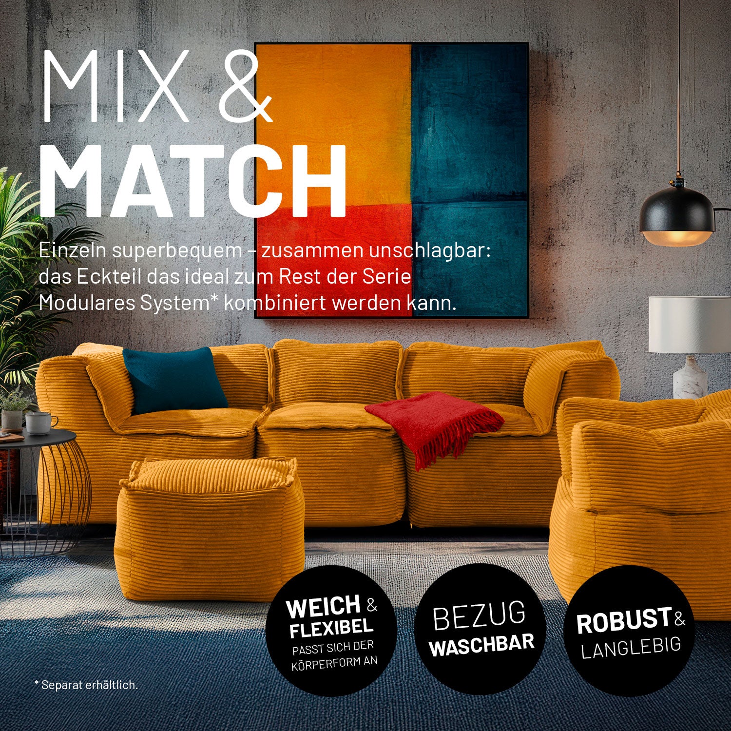 Modulares Eckteil links aus der Cord-Reihe - Senfgelb mit weichem, flexiblem Bezug, robustem Boden und waschbarer Hülle im modernen Wohnzimmer.