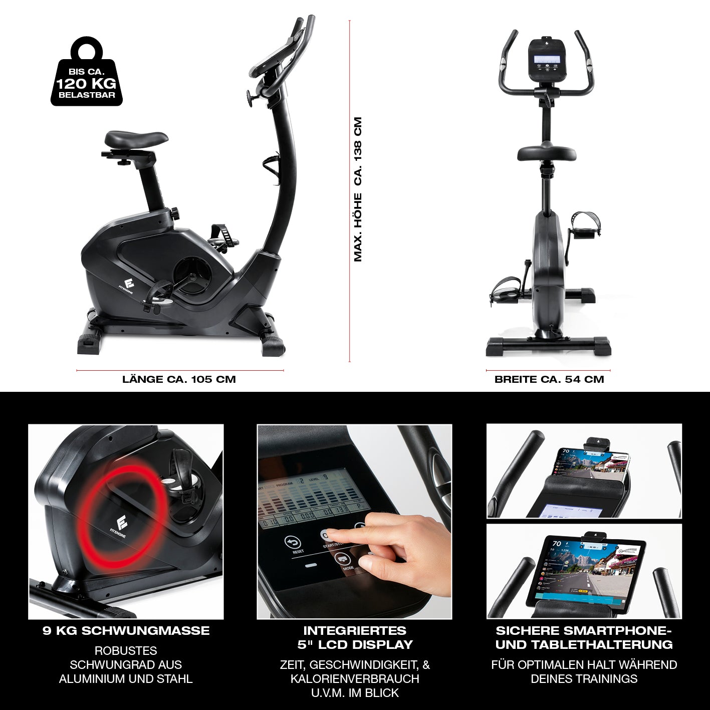 Heimtrainer Smart mit 9kg Aluminium-Schwungrad, 5" LCD-Display, 24 Widerstandsstufen und Smartphonehalterung für effektives Training.