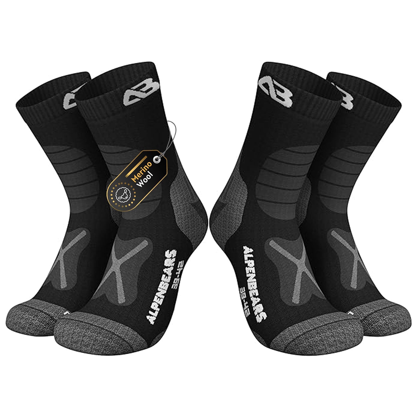 Wandersocken Merinowolle - 2er-Set - Schwarz - Größe 31-34