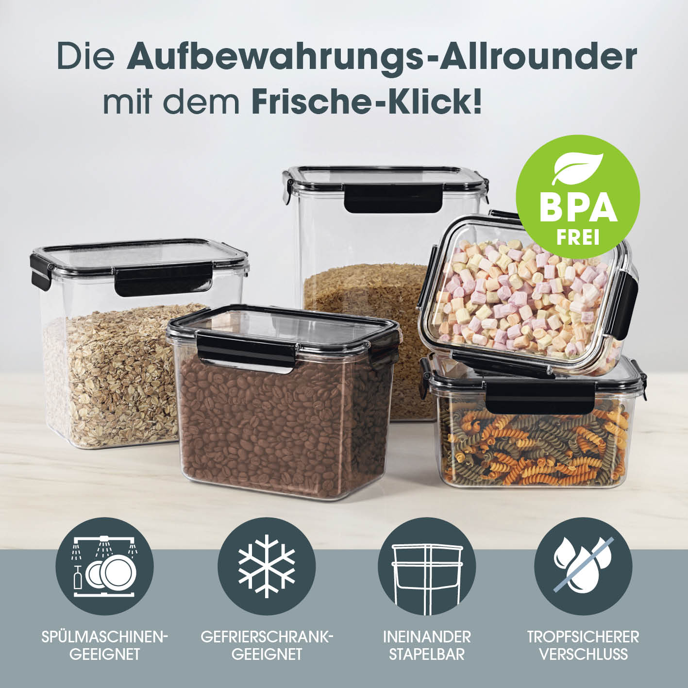Frischhaltedosen Klick-it - 10-tlg. Schwarz, stapelbar, spülmaschinen- und gefrierschrankgeeignet, aromafrisch durch 4-fach-Klick-Verschluss.