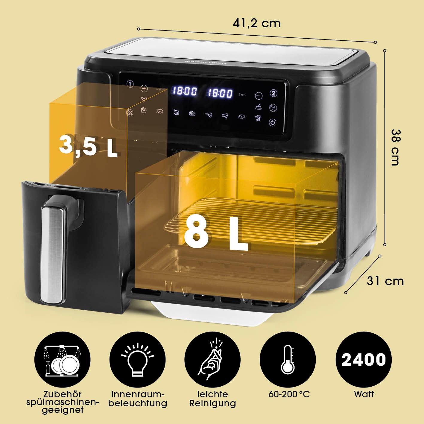 4-in-1-Heißluftfritteuse mit 3,5L Fritteuse und 8L Ofen, Touchdisplay, 10 Programmen, 60–200 °C, 2400 Watt Leistung.