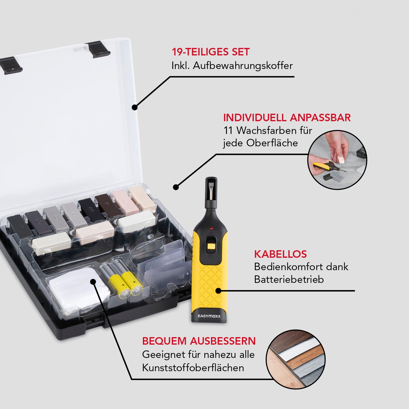 PVC- & Vinyl-Reparaturset - 19 -tlg. mit 11 Wachsfarben, batteriebetrieben, kabellos, für PVC-, Vinyl- und Kunststoffoberflächen.