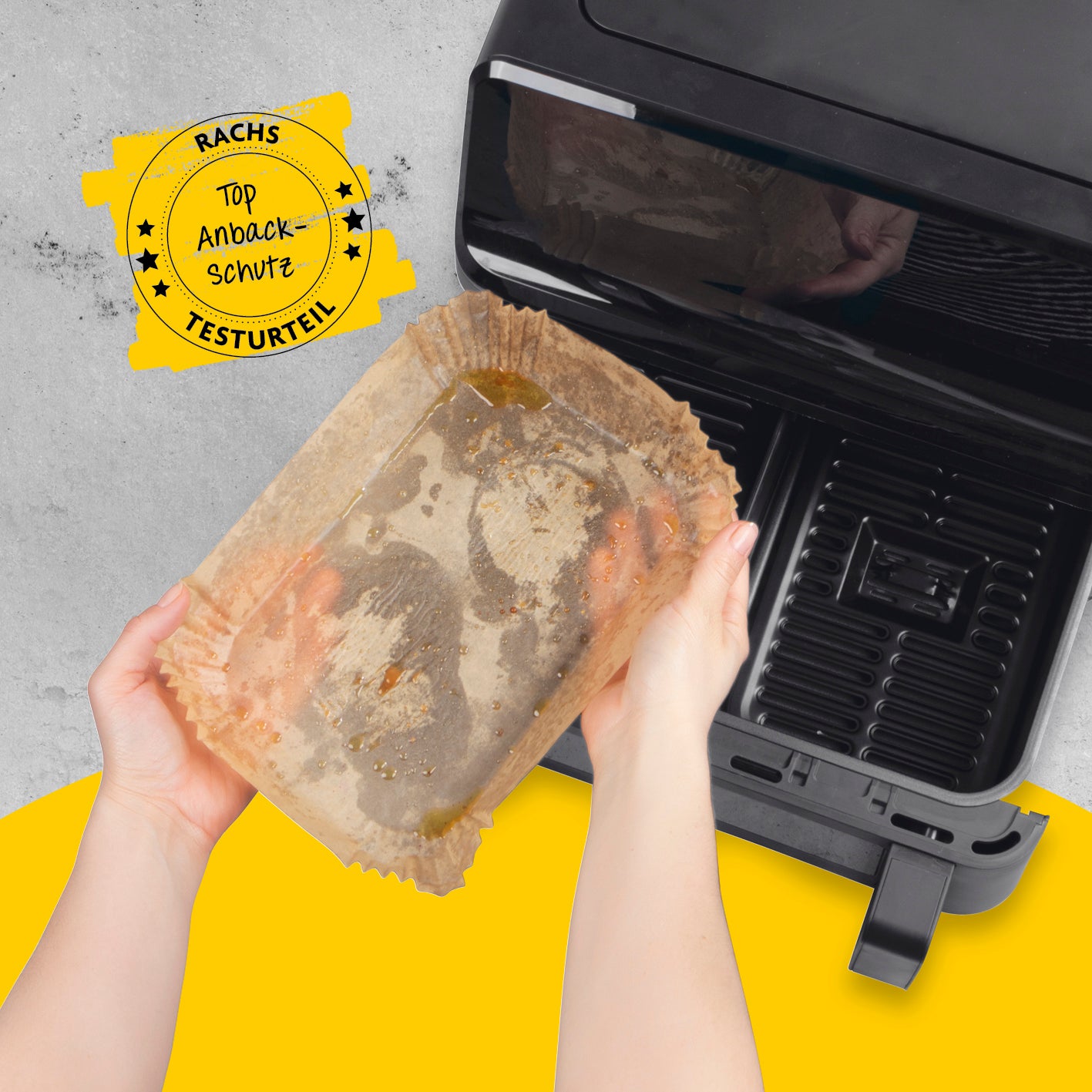 Backpapierschalen für Heißluftfritteusen 2er-Set mit hohem Rand, hitzebeständig und antihaftbeschichtet, 4,5 & 9 Liter Größe.