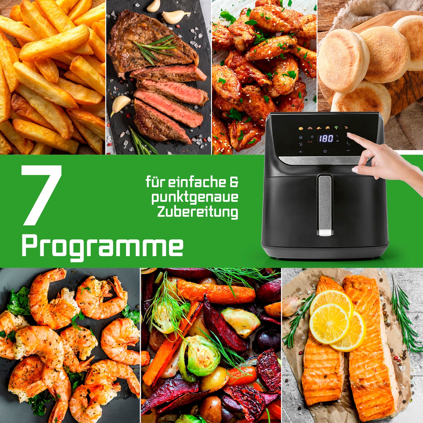 Heißluftfritteuse - 7,5 Liter mit 7 Programmen für fettarmes Frittieren von Pommes, Steak, Geflügel, Gemüse und mehr.