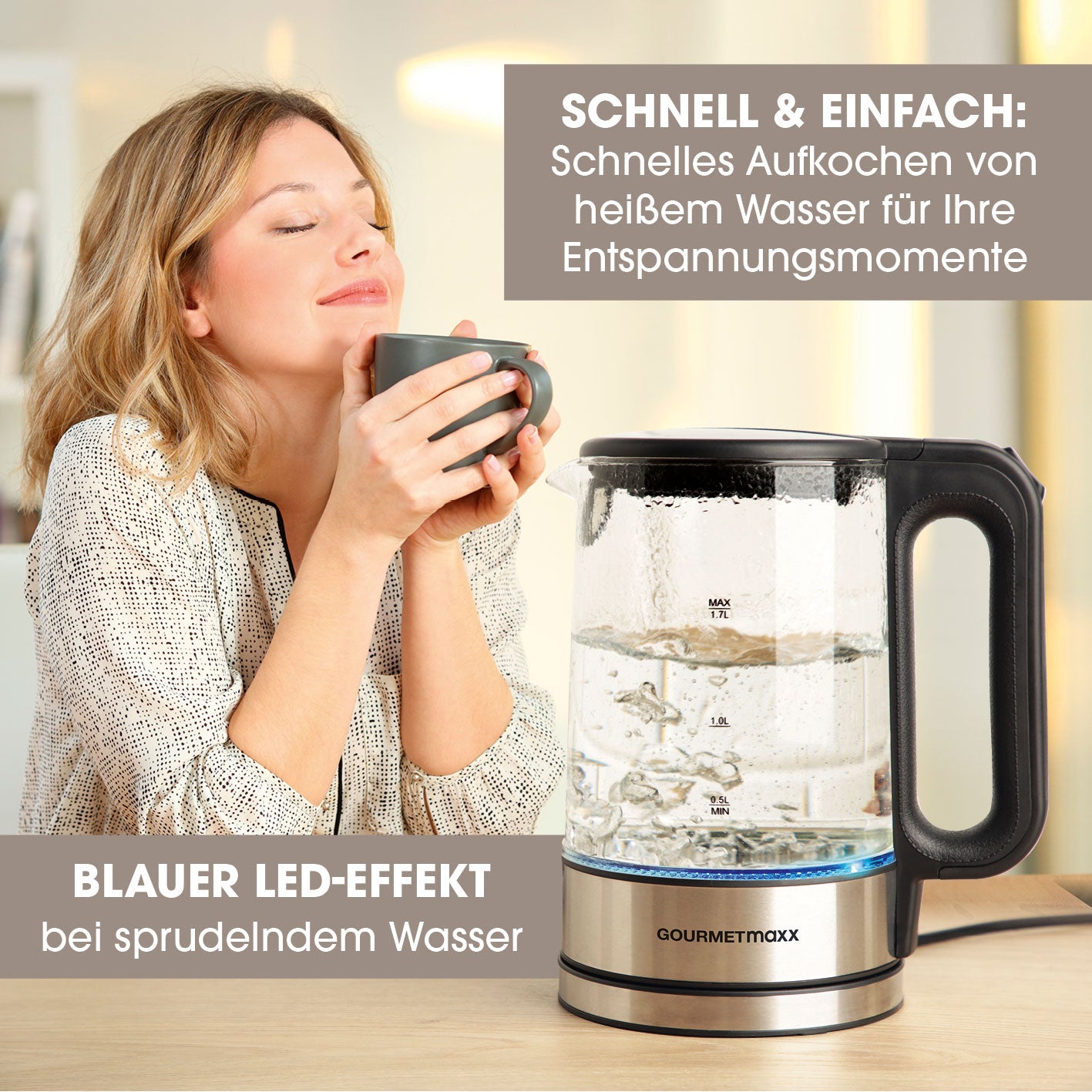 Glas-Wasserkocher LED 1,7l Edelstahl/schwarz mit Wasserstandsanzeige, kabellos, 360° drehbarer Sockel und blauem LED-Effekt beim Kochen.