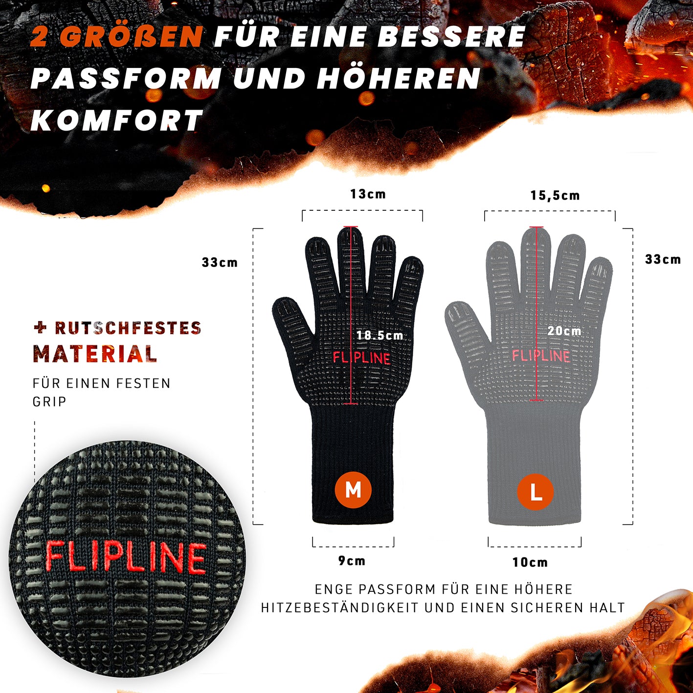 Grillhandschuhe - Größe M, hitzebeständig bis 500°, rutschfest, mit Silikonbeschichtung für sicheren Halt und optimalen Komfort.