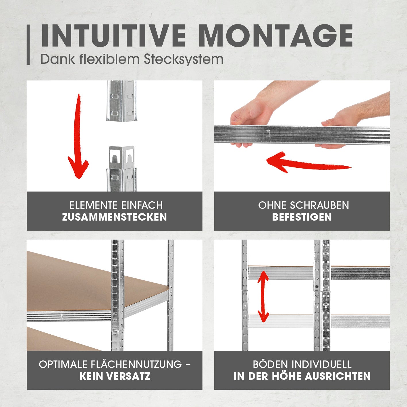 Schwerlast-Eckregal & Werkbank - 180 x 90 x 40 cm - 875 kg Traglast, 175 kg pro Ebene mit flexibel steckbarem Montagesystem ohne Schrauben.