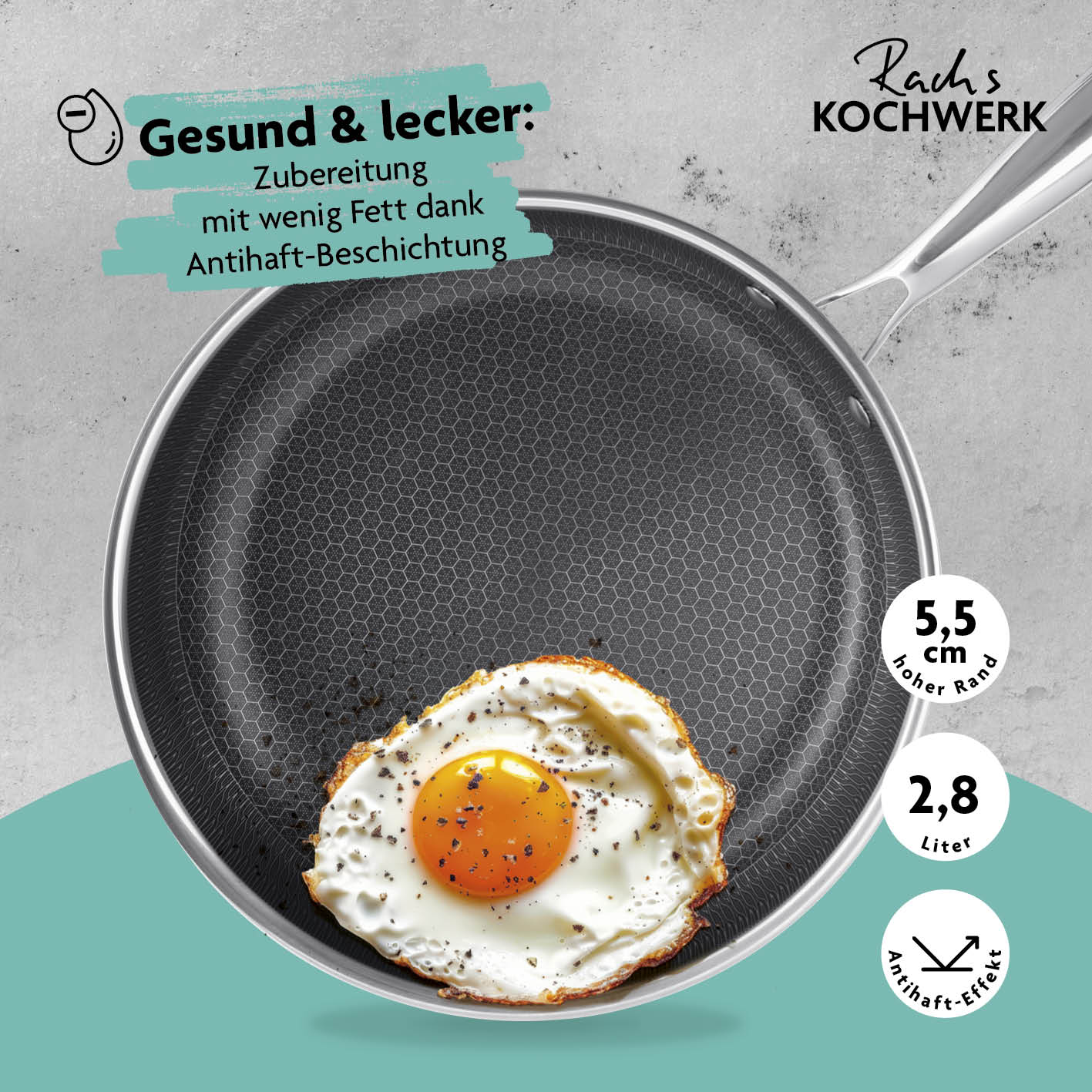 Edelstahl-Pfanne mit Wabenstruktur Ø 28 cm, kratzfest, antihaftbeschichtet, für fettarmes Braten auf allen Herdarten.