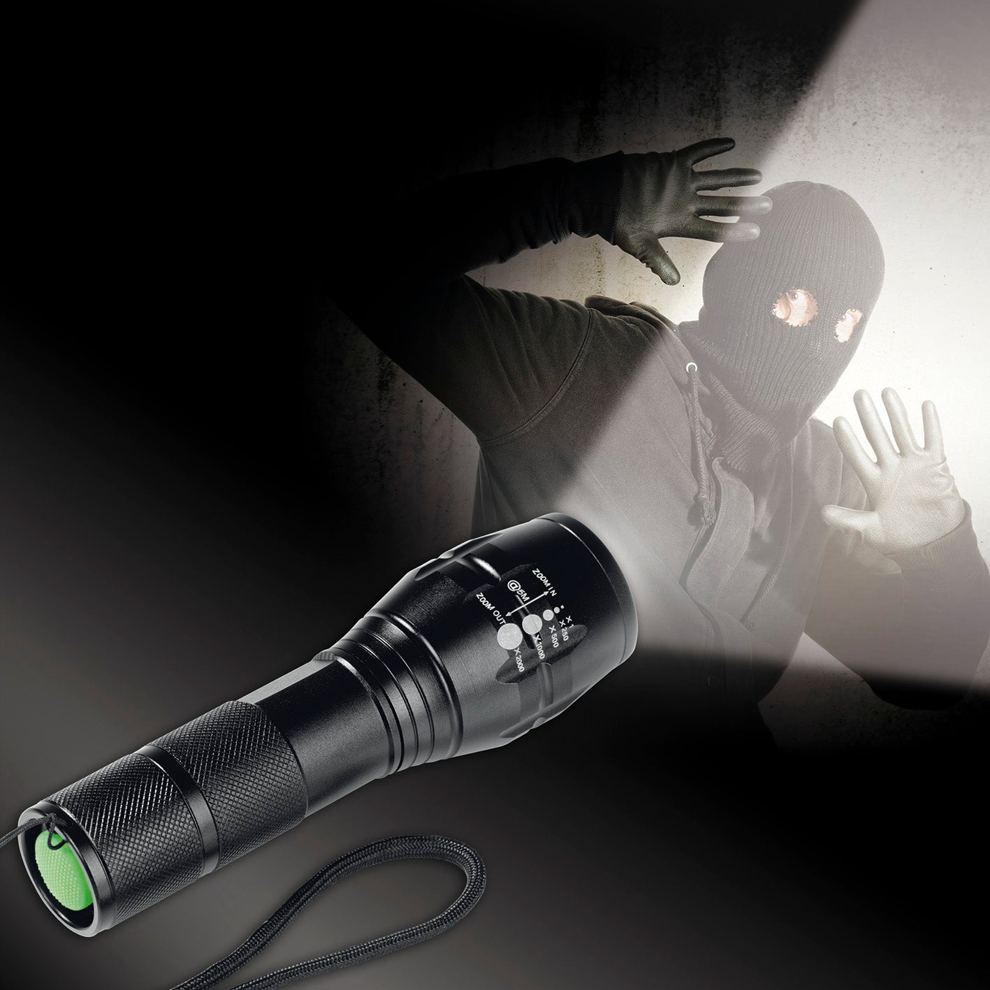 Security Funktions-Taschenlampe 4,5V Schwarz blendet Angreifer mit starkem Licht und hoher Reichweite bis zu 150 Meter.