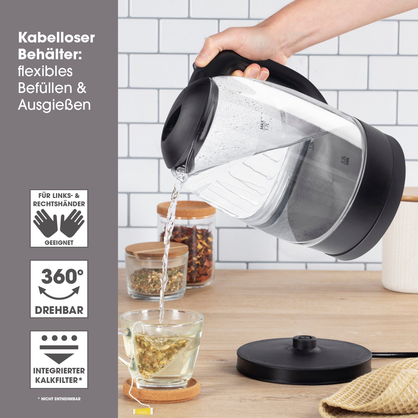 Glas-Wasserkocher 1,7 l - Schwarz mit kabellosem, 360° drehbarem Wasserbehälter, Wasserstandsanzeige und integriertem Kalkfilter.