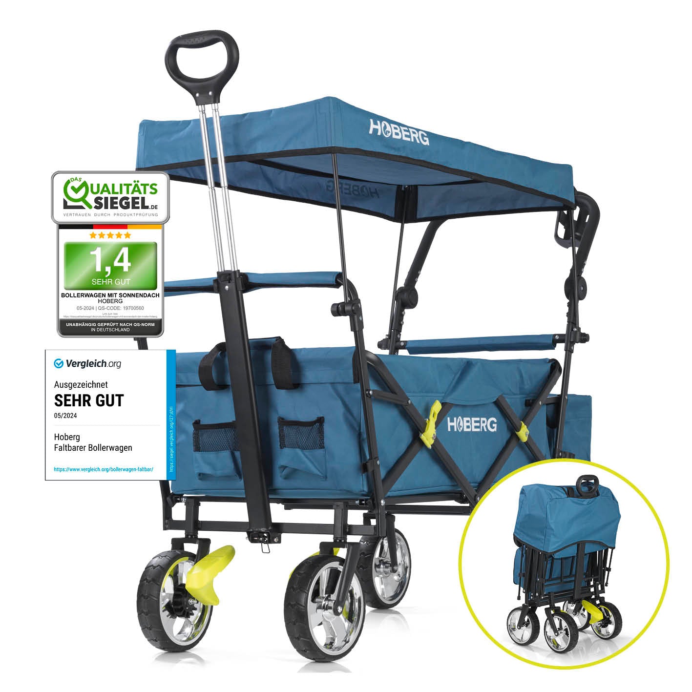 Faltbarer Bollerwagen - Blau mit wasserfestem Dach, robustem Nylonbezug, klappbar und bis 80 kg belastbar, ideal für Ausflüge.