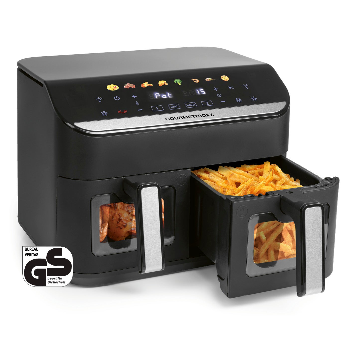 Doppelkammer-Heißluftfritteuse - 9 Liter mit 14" Touchscreen, 2 Kammern für fettarmes Frittieren und gleichzeitiges Zubereiten.