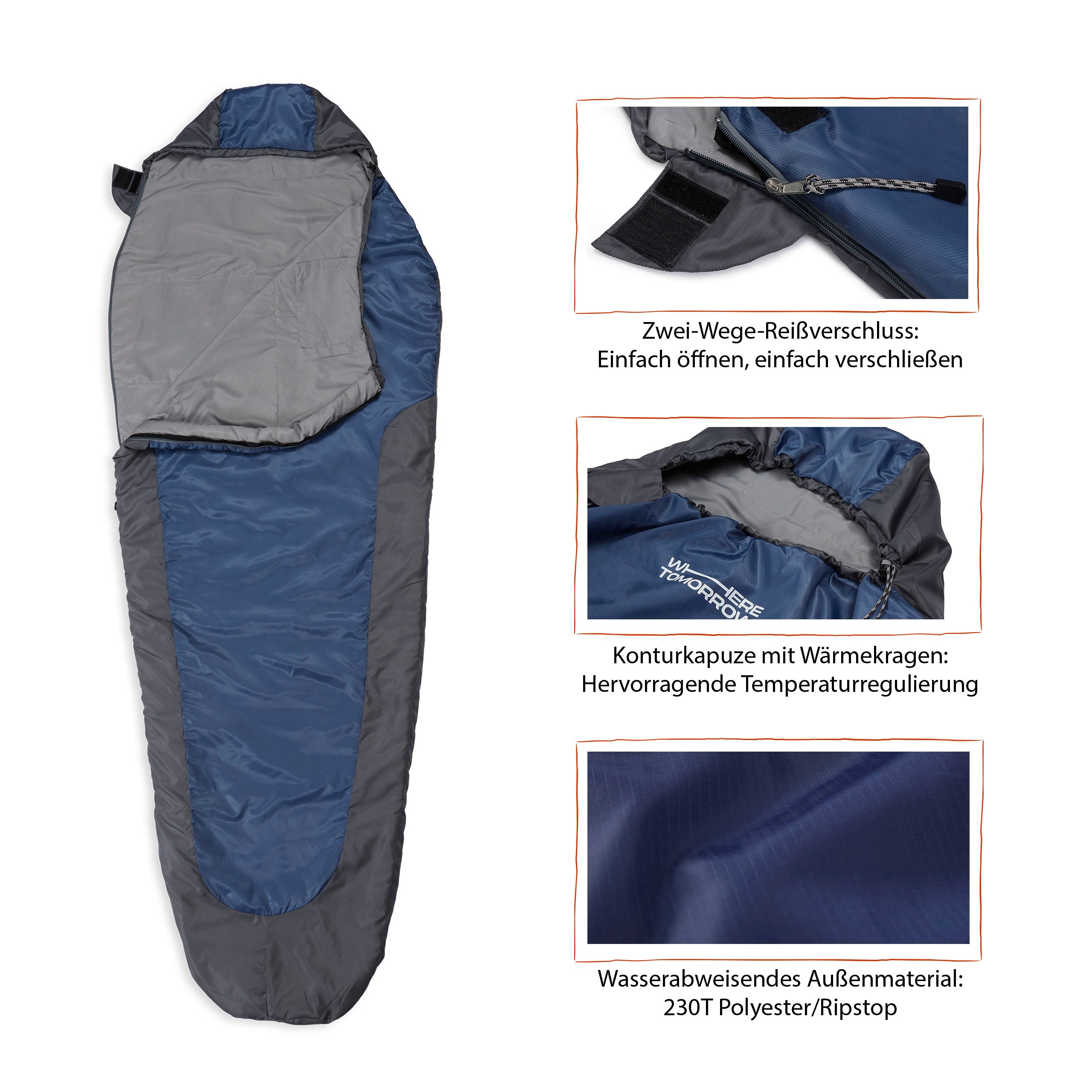 Camping Schlafsack Small & Light Mumienschlafsack grau-navyblau mit wasserdichtem Material, Konturkapuze, Wärmekragen und Packsack