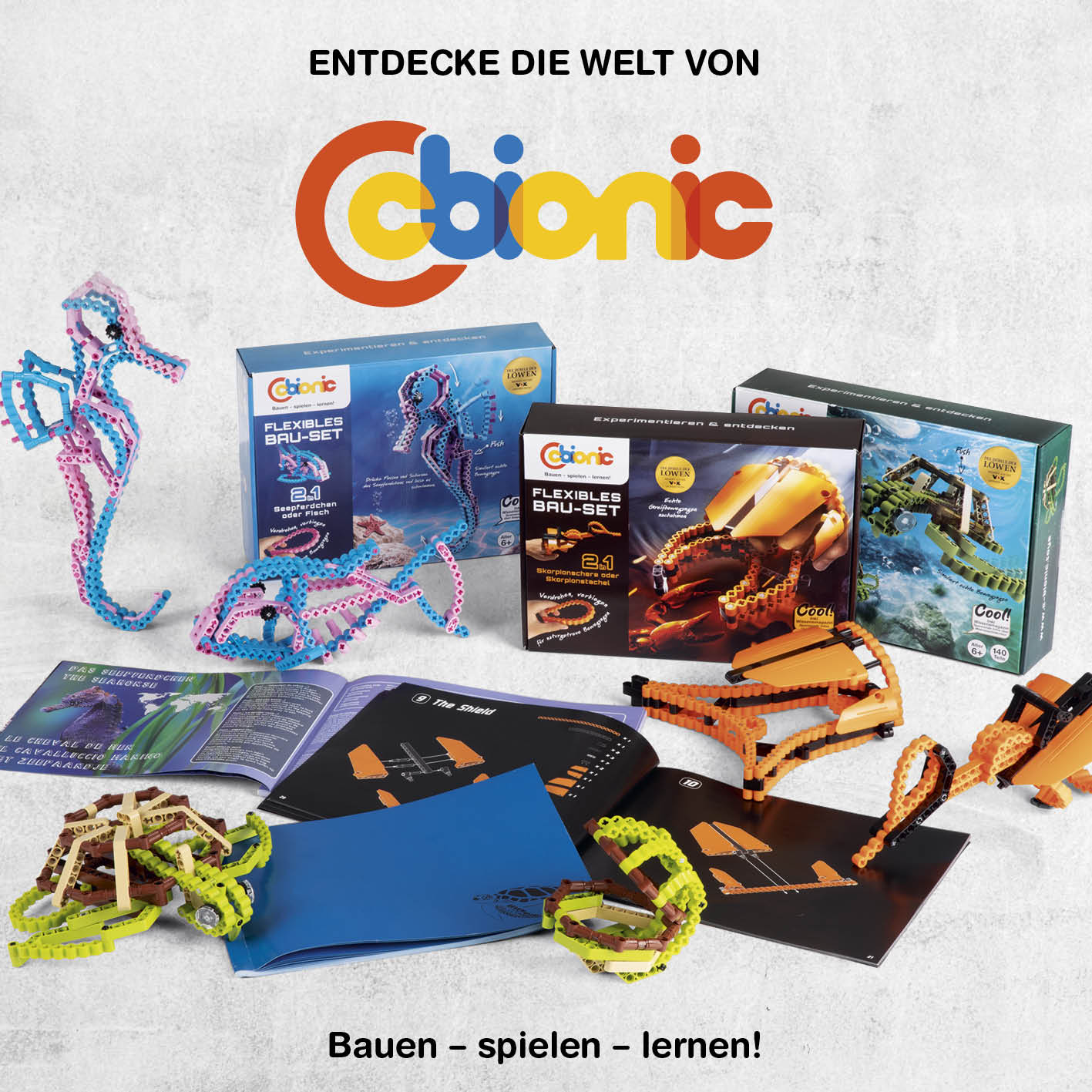 Baustein-Set Skorpion von Cbionic mit flexiblen Bausteinen zum Biegen und Verdrehungen für dynamische, naturinspirierte Konstruktionen.