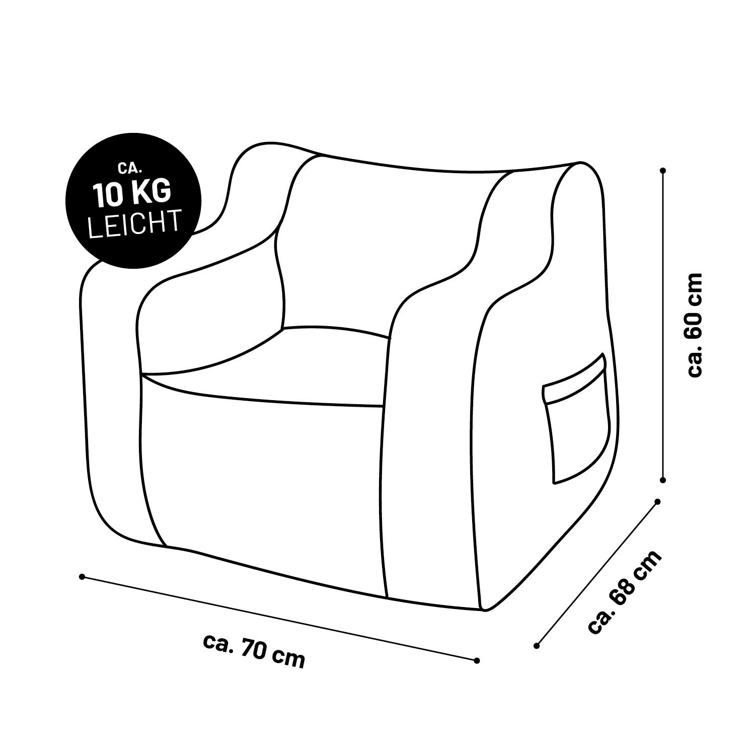 Sessel „Glow in the Dark“ - Grau, leichter Kinderstuhl mit Seitentasche und ca. 70x68x60 cm Maßen, Sternen-Design leuchtet im Dunkeln.