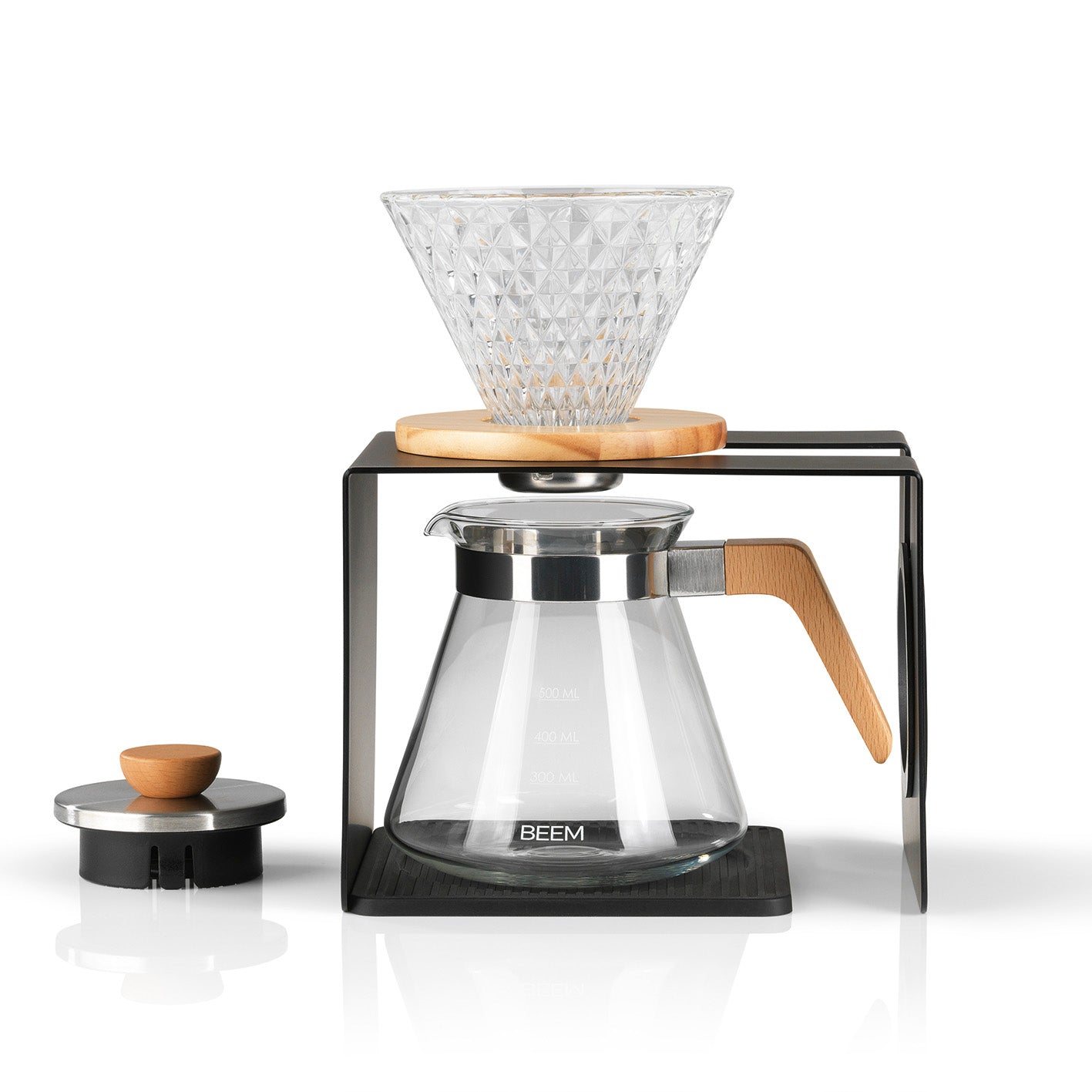 Kaffeebereiter Set Pour Over - 4-tlg. - 600 ml - schwarz/Edelstahl mit Glaskanne, Holzdetail und verstellbarem Gestell.