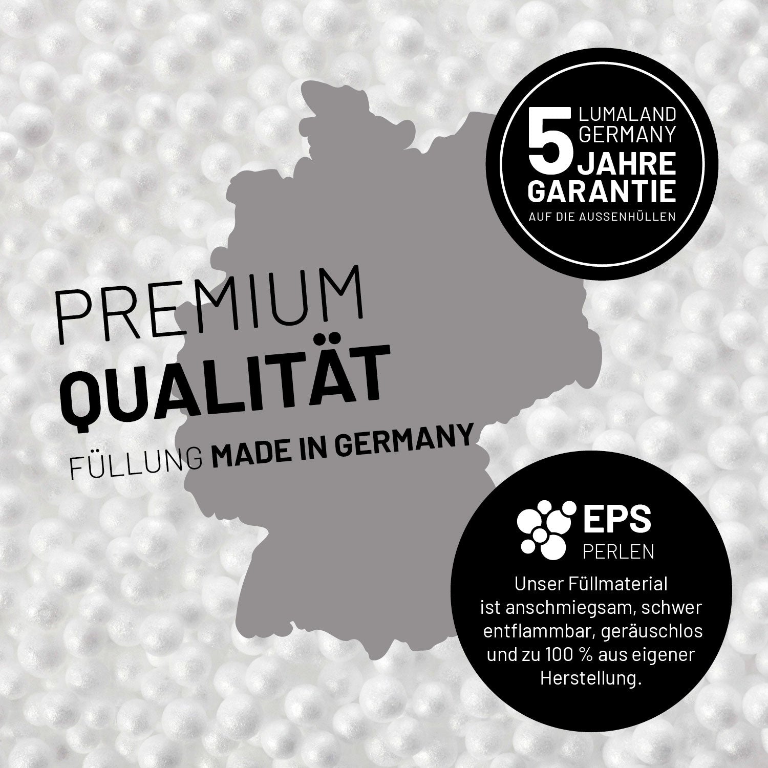 Sitzsack-Sofa Mittelstück (200 L) mit EPS-Perlenfüllung, Premium Qualität, 5 Jahre Garantie, made in Germany, indoor & outdoor, Grau.