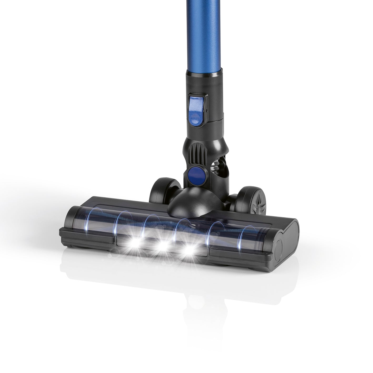 Akku-Zyklon-Staubsauger - schwarz/blau mit LED-Licht und Aluminiumrohr für gründliche Reinigung ohne Kabel.