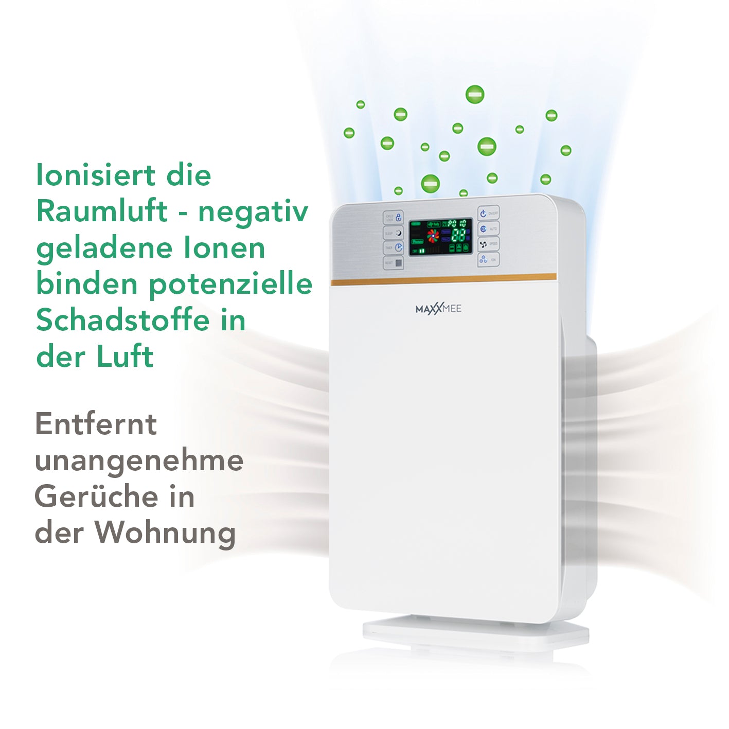 Digitaler-Luftreiniger mit 6-Stufen-Filtersystem, Ionisierungsfunktion und geräuscharmem Schlafmodus für saubere Raumluft.
