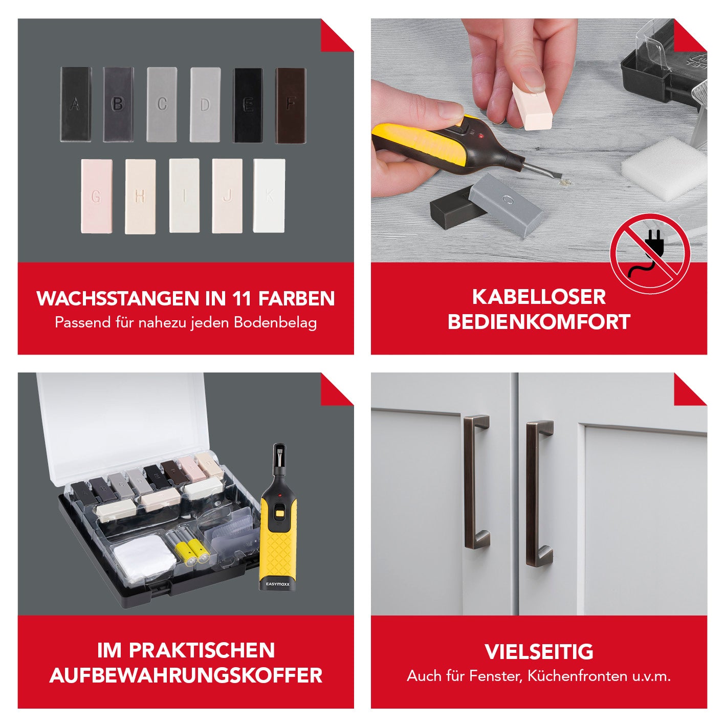 PVC- & Vinyl-Reparaturset - 19-tlg. mit 11 Wachsstangen, kabelloser Bedienung, praktischem Aufbewahrungskoffer, vielseitig einsetzbar.