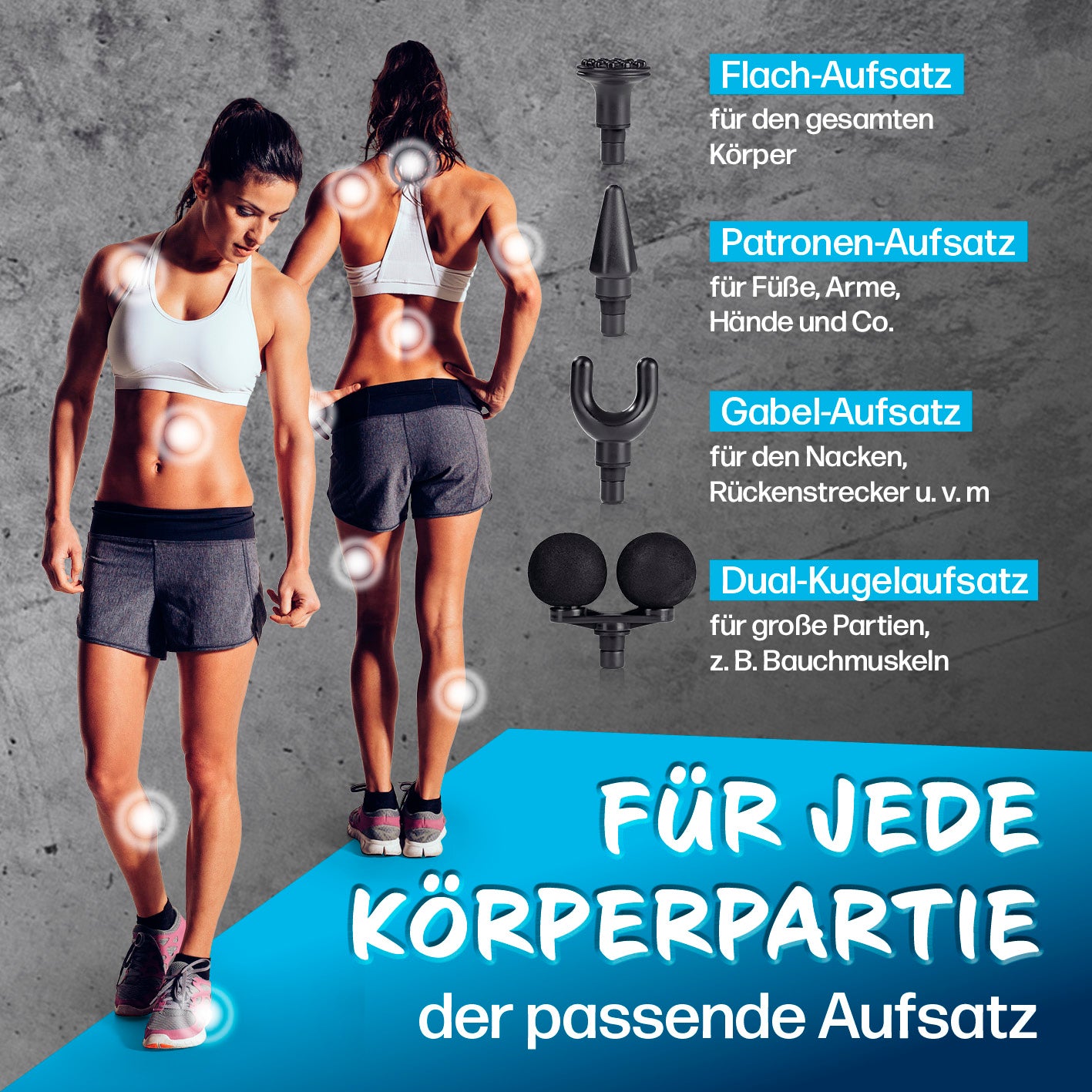 Mini Massage Gun mit 4 Aufsätzen von VITALmaxx für gezielte Massage verschiedener Körperpartien und intensive Entspannung.