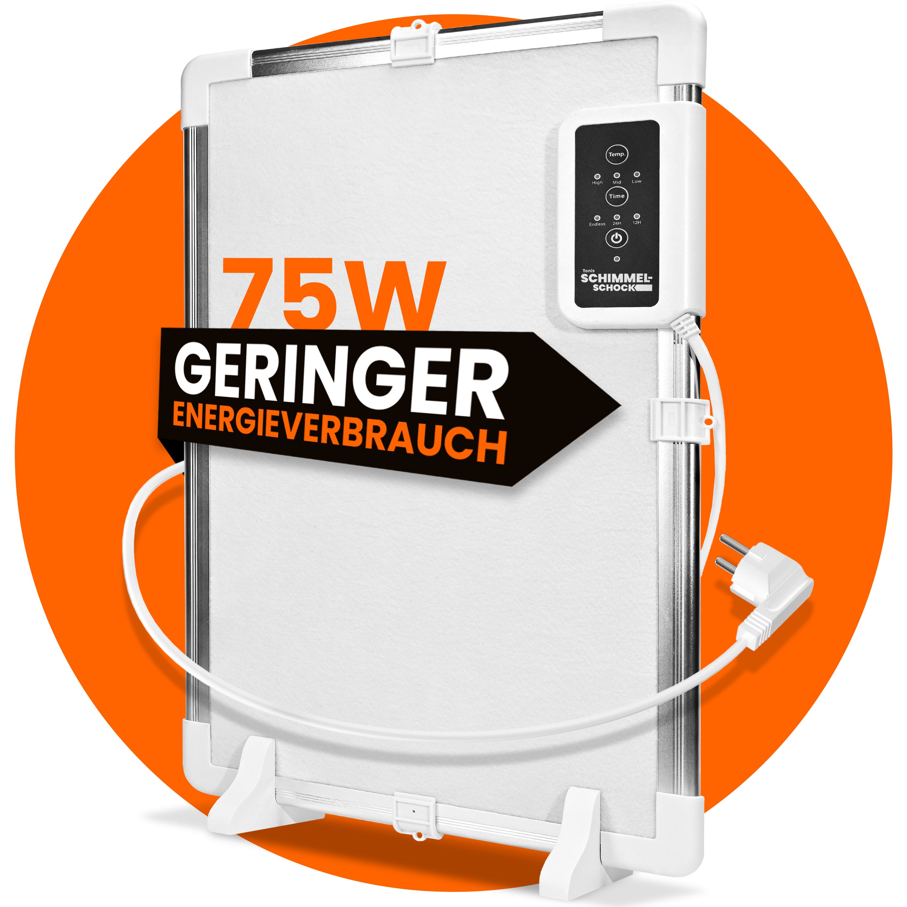 Anti-Schimmelheizung von Tonis mit 75 Watt, geringem Energieverbrauch und einstellbarem Thermostat zur effektiven Schimmelbekämpfung.