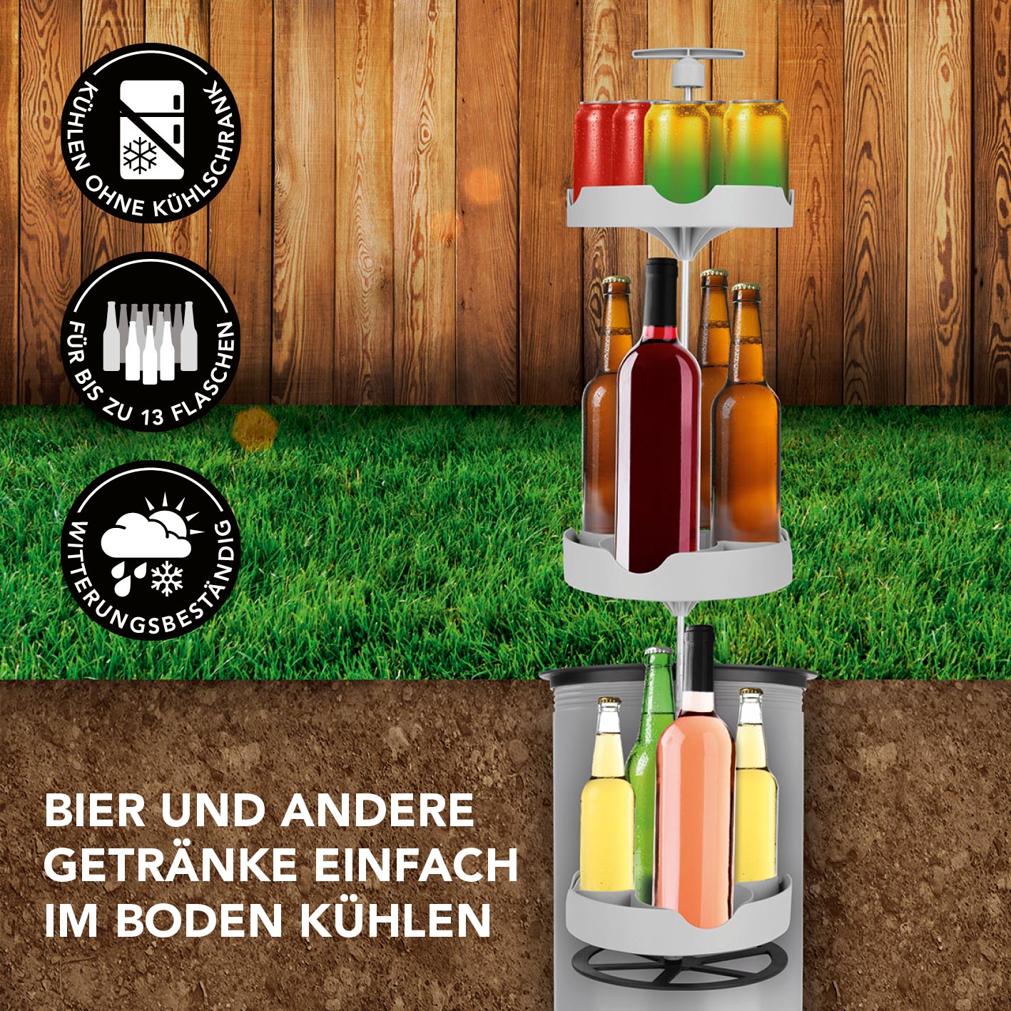 Flaschenkühler Outdoor für bis zu 13 Flaschen - grau, isoliert, wetterbeständig, kühlt Getränke im Boden ohne Kühlschrank.