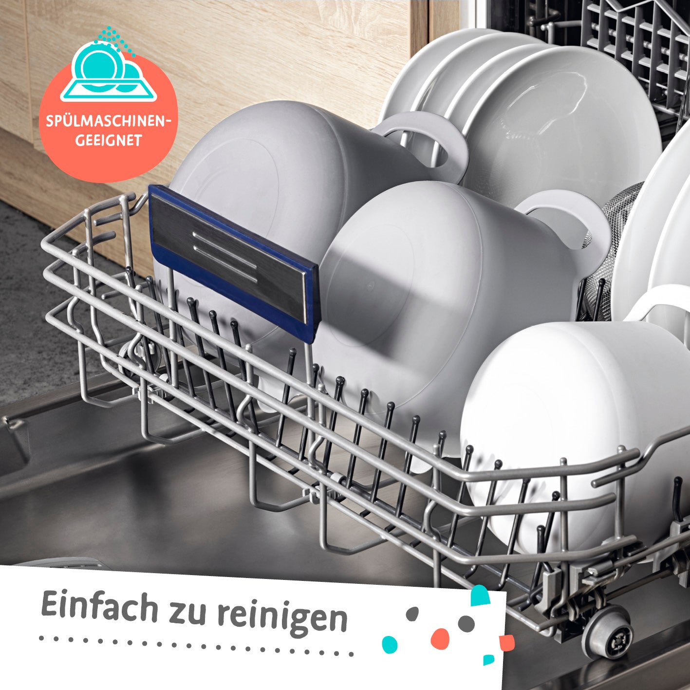 Schüssel-Set 4-tlg. in Grautönen, stapelbar mit Griff und Ausgießer, spülmaschinengeeignet für einfache Reinigung.