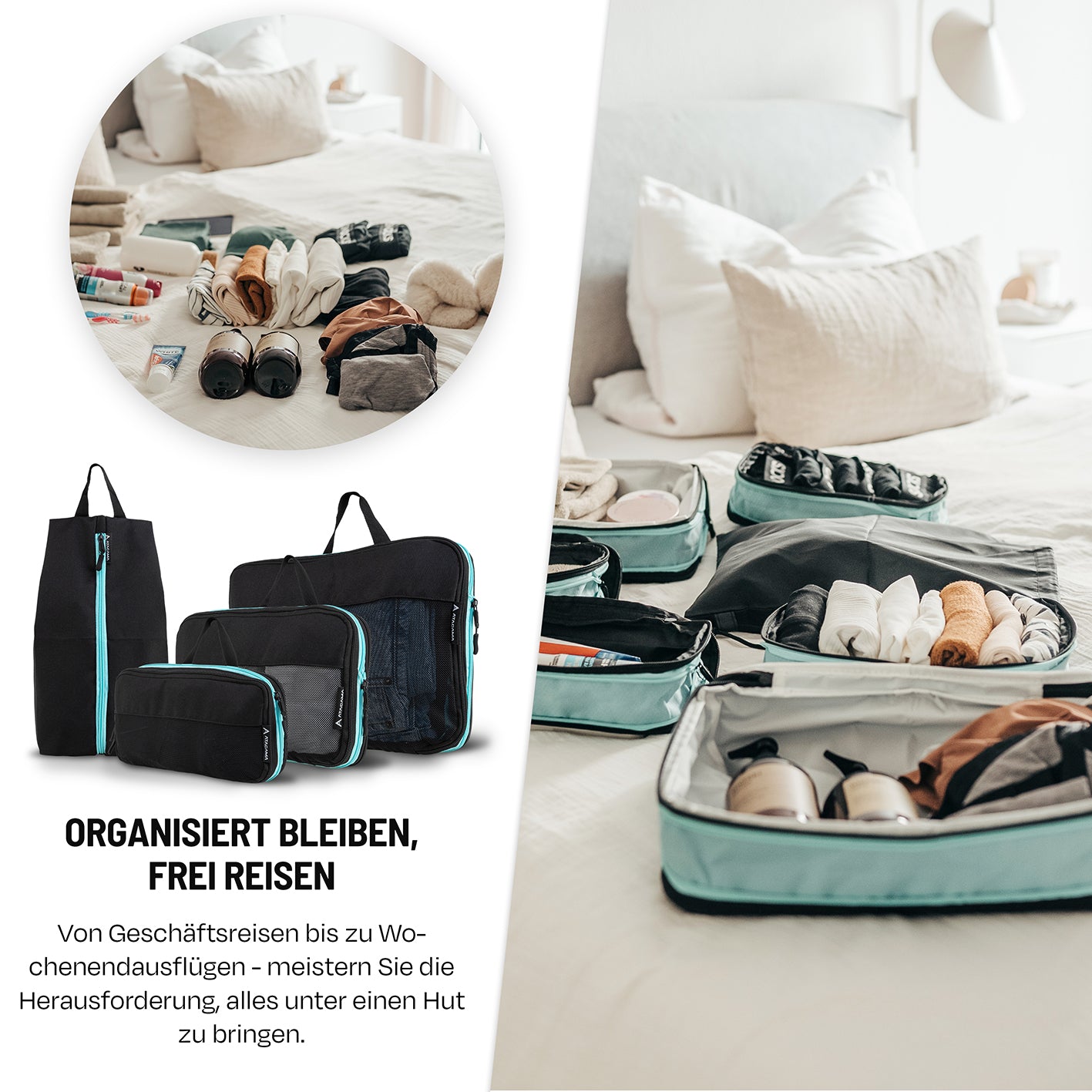 Kompressions-Packwürfel-Set / 4er-Set - Schwarz-Türkis mit Schmutzwäschefach und Sichtfenster, ideal für organisiertes Reisen.