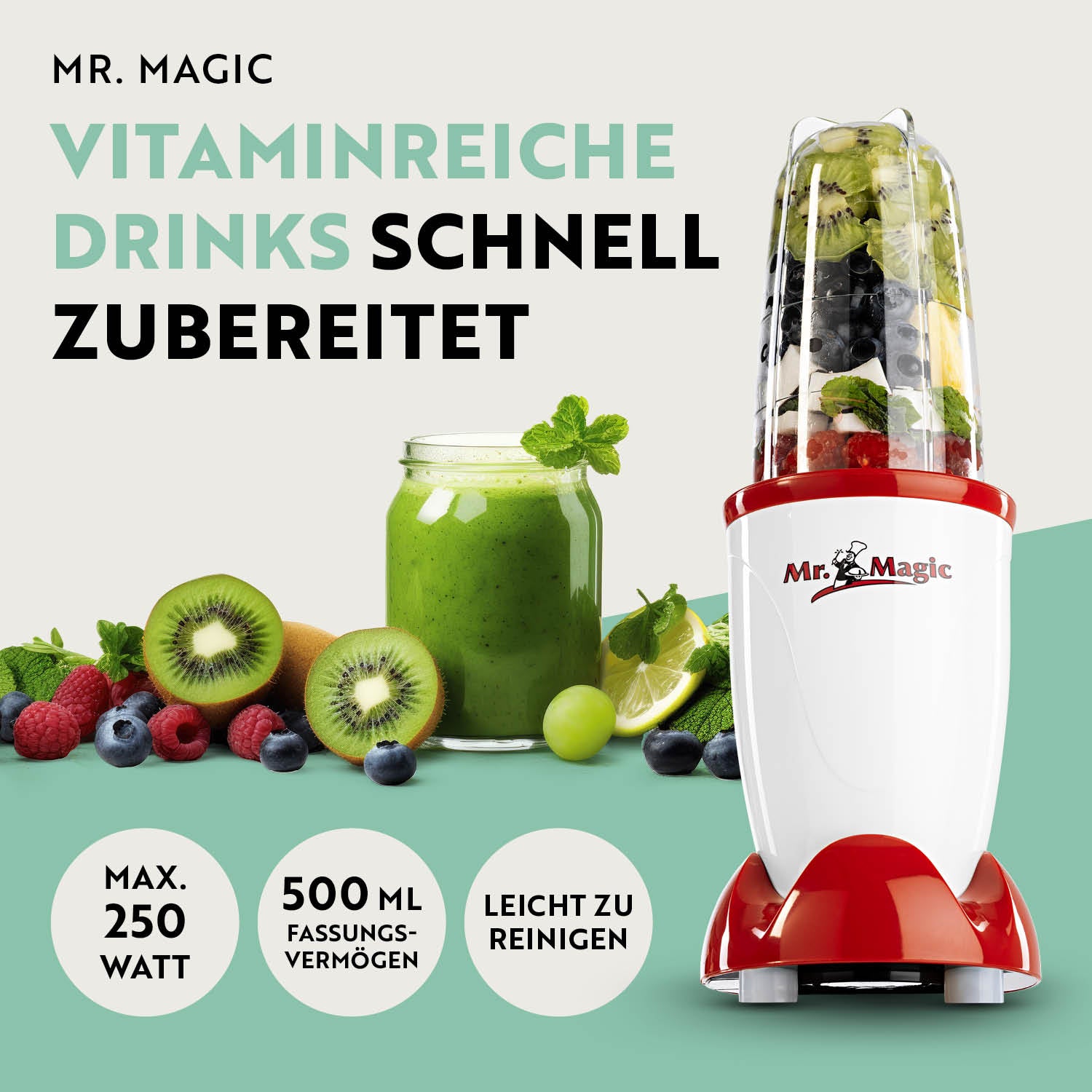 Mr. Magic Mixer - Weiß/Rot mit 250 Watt Motor, 500 ml Behälter, ideal für Smoothies, leicht zu reinigen und kompakt.