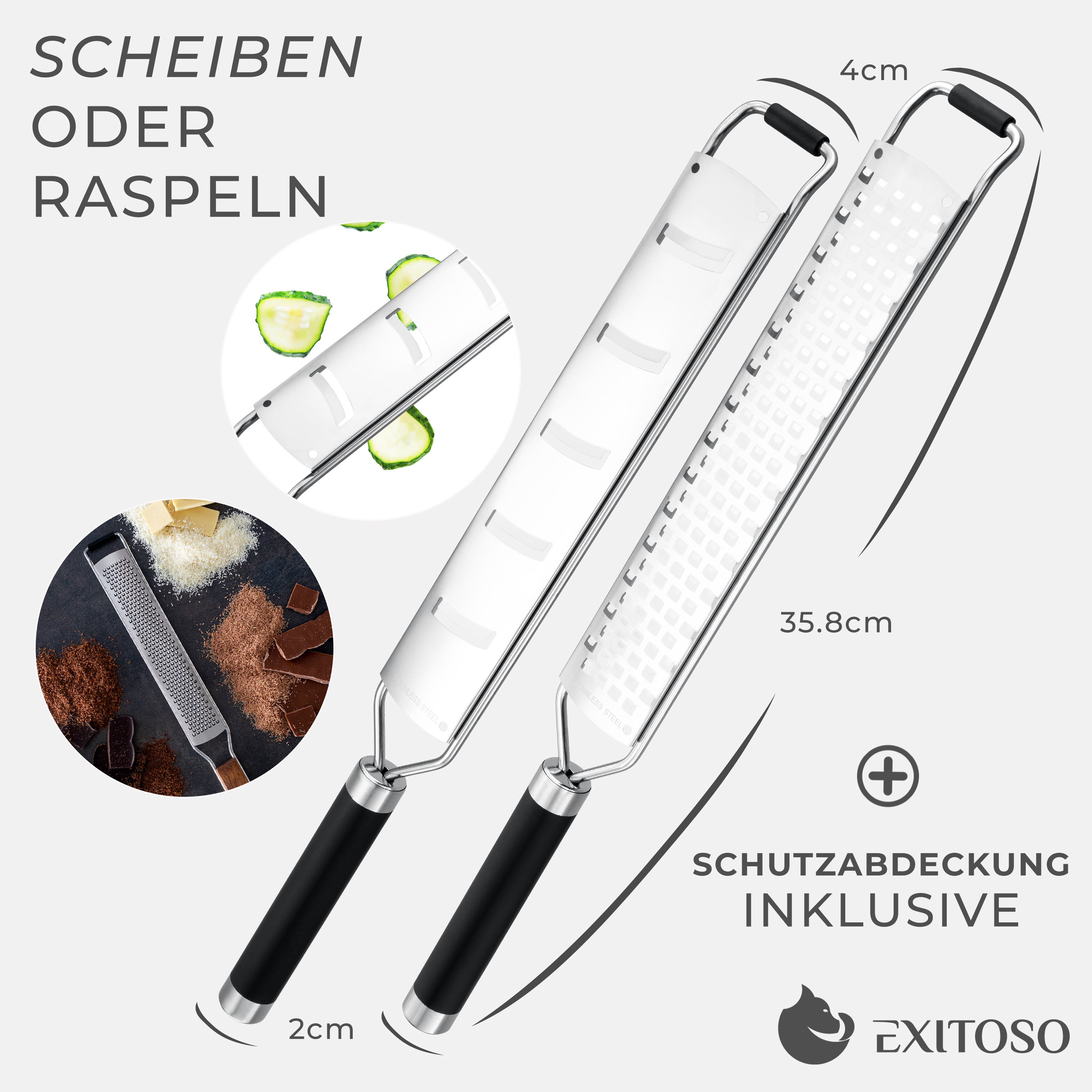 Küchenreibe 2in1 Set - Edelstahl mit scharfer Klinge, rutschfestem Griff und Schutzabdeckung, ideal zum Schneiden und Raspeln.