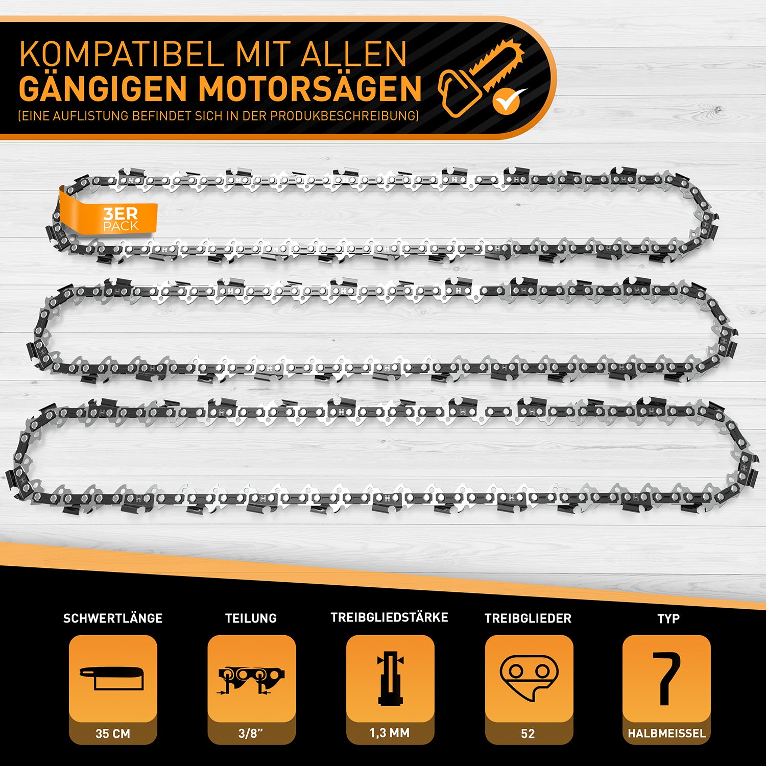 Sägeketten 3/8" 1,3mm für 35cm Schwert - 3er Pack mit 52 Antriebsgliedern und Halbmeißel für maximale Leistung.