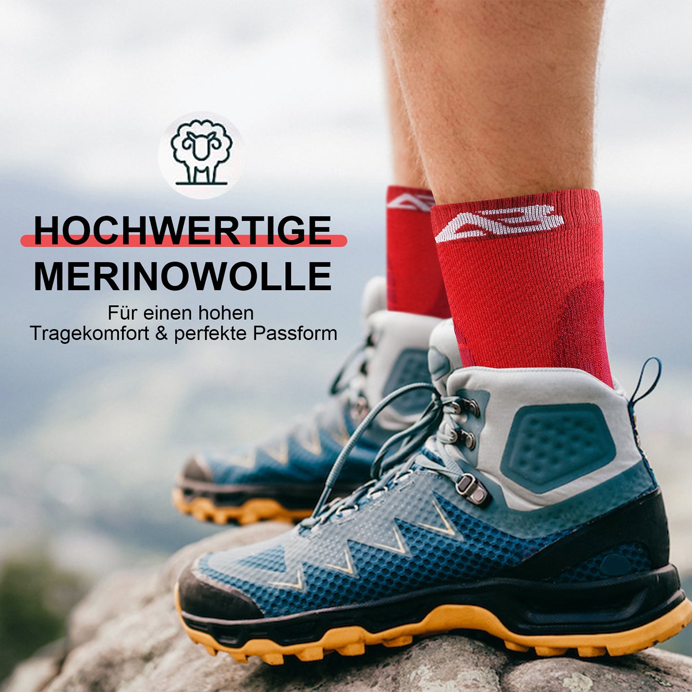 Wandersocken Merino Wolle - 2er-Set - Rot - Größe 43-48