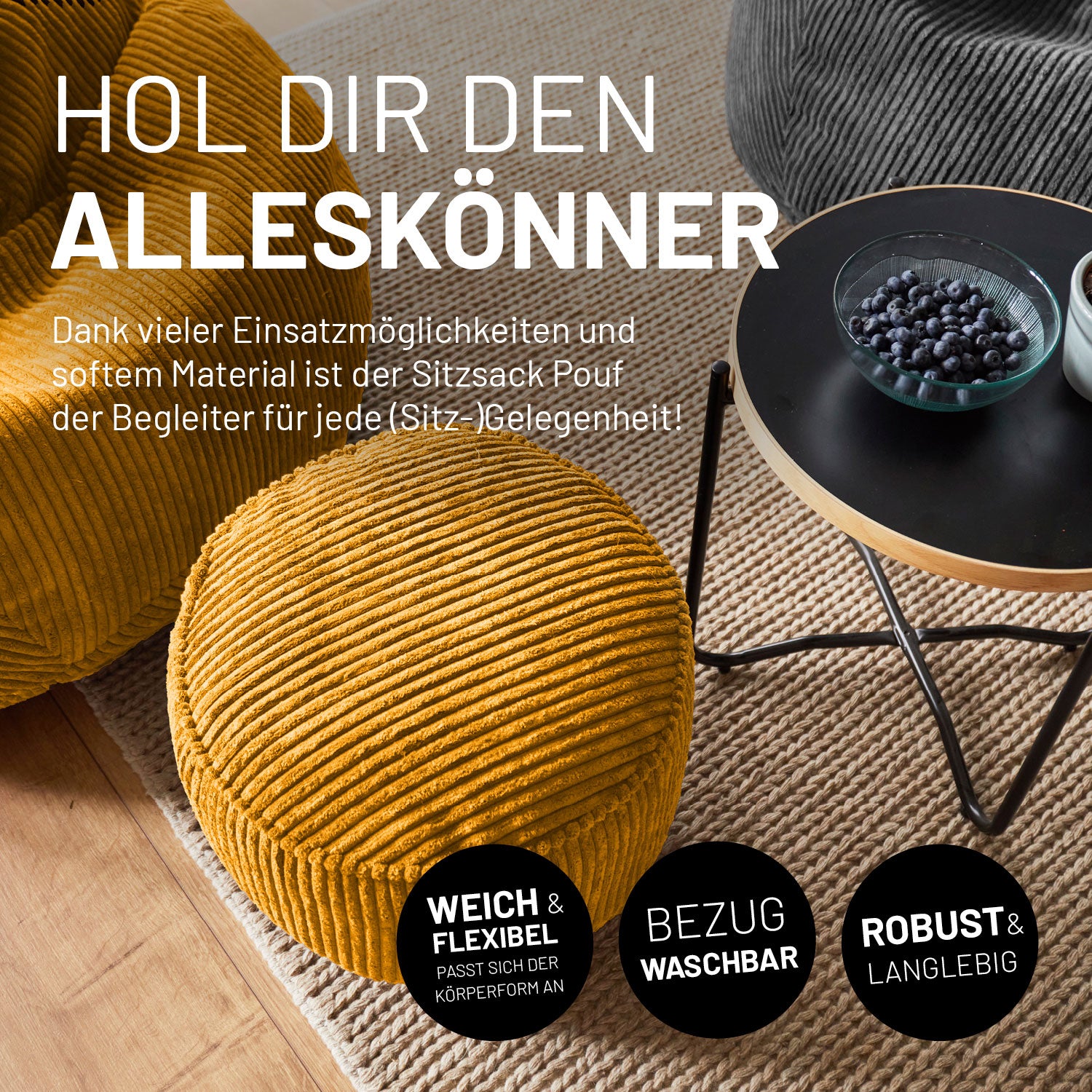 Sitzsack Pouf aus der Cord-Reihe - Senfgelb mit weichem Cordbezug, vielseitig nutzbar als Hocker, Schemel und Ablage, robust und waschbar.
