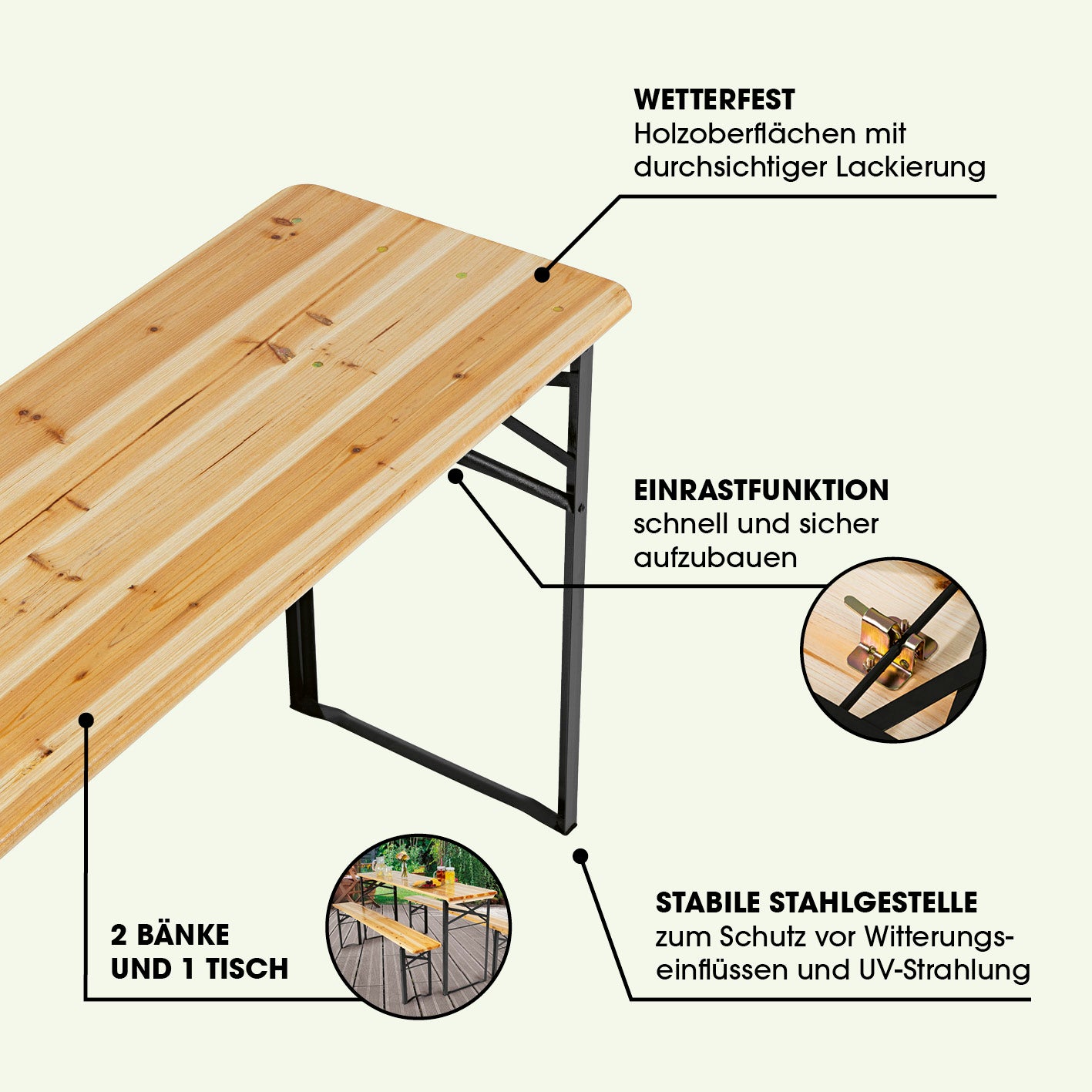 Bierzeltgarnitur Set (1 Tisch mit 2 Sitzbänken) 170 cm, wetterfeste Fichtenholzplatten, stabile Stahlgestelle, einfache Einrastfunktion.