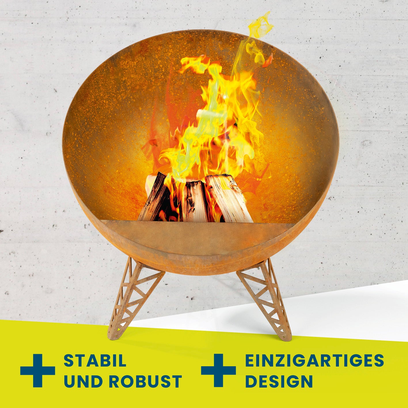Feuerschale in Rost-Patina - Ø 58 cm aus robustem Stahl mit einzigartigem Flammeneffekt und stabilem Stand auf drei Beinen.