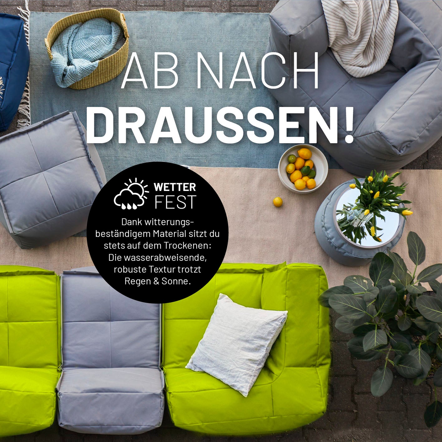 Sitzsack-Sofa Mittelstück (200 L) Apfelgrün, wetterfest, modular, mit abwischbarem Bezug, extrastark und pflegeleicht für indoor & outdoor.